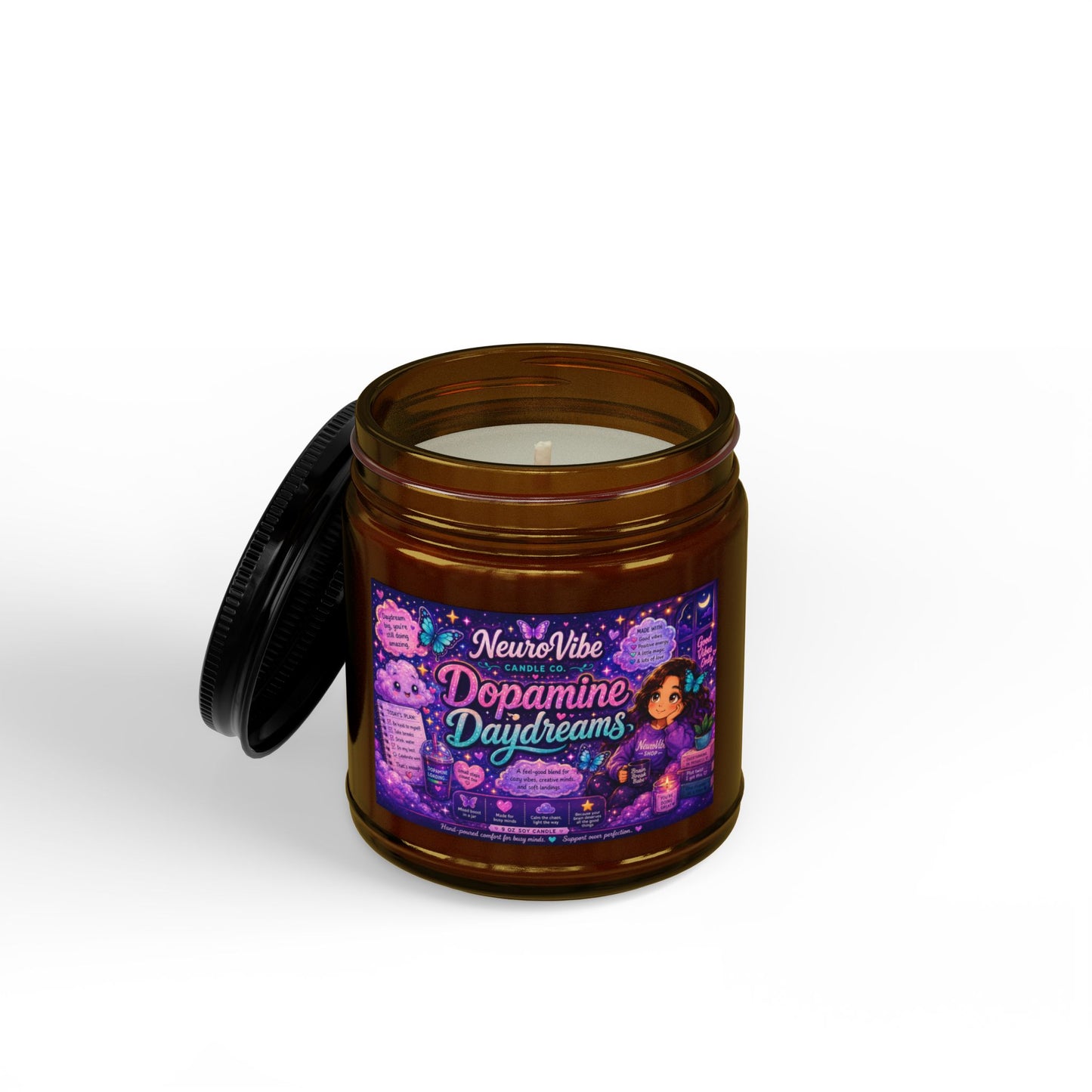 Dopamine Daydreams Scented Soy Candle — 4oz & 9oz Amber Jar with Black Lid