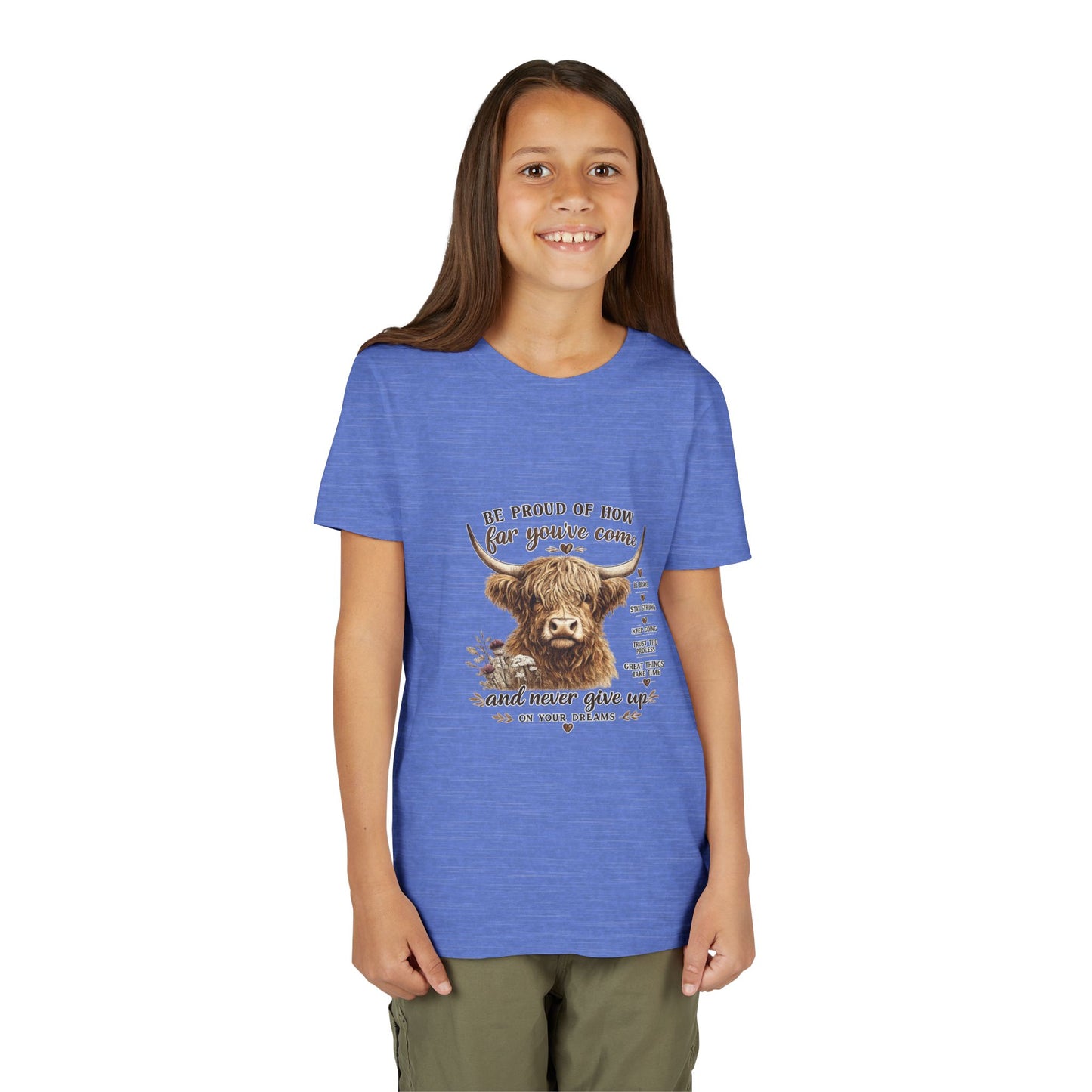 Highland Cow Kids T-Shirt | Be Proud of How Far You’ve Come Motivational Youth Tee | Inspirational Farm Animal Shirt for Boys & Girls