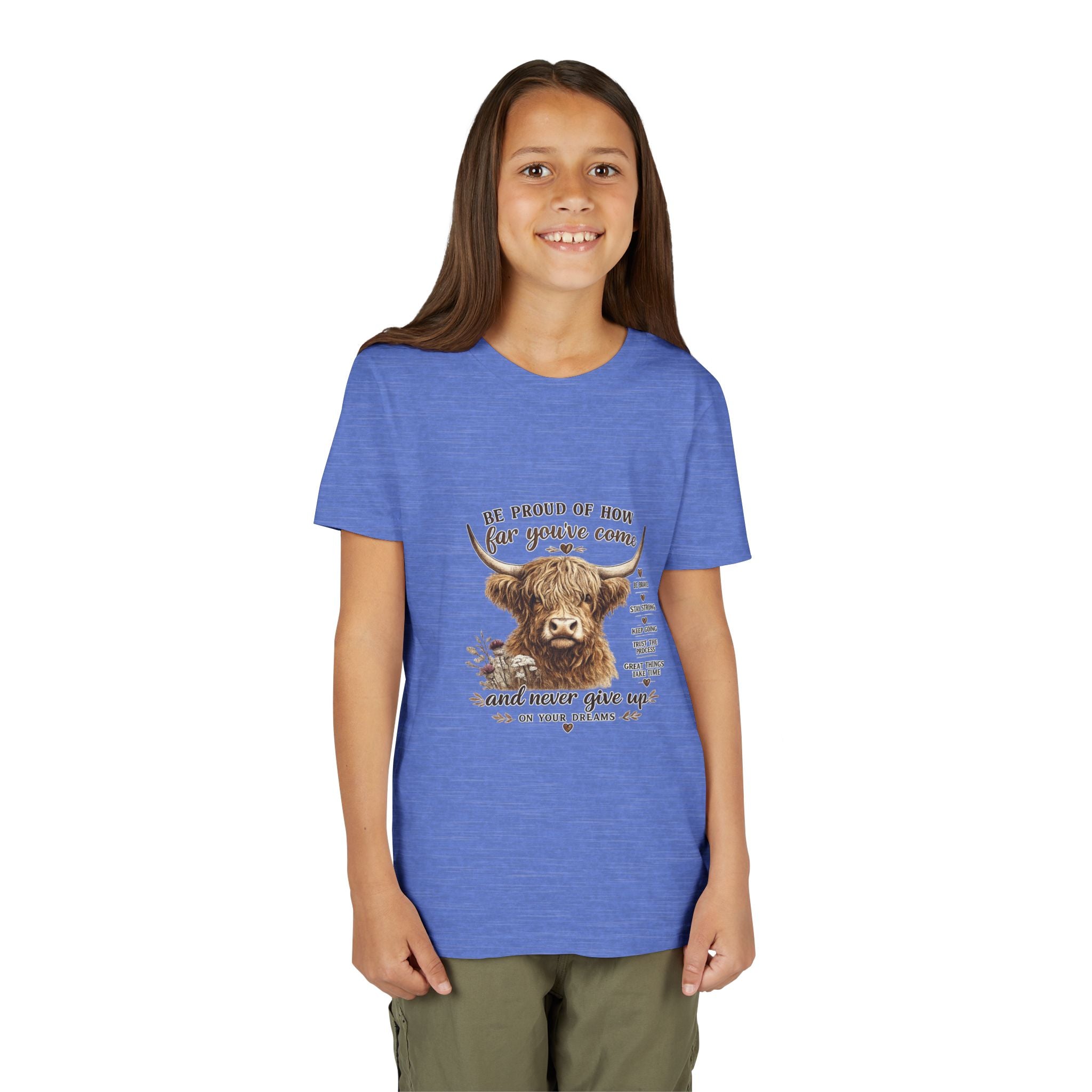 Highland Cow Kids T-Shirt | Be Proud of How Far You’ve Come Motivational Youth Tee | Inspirational Farm Animal Shirt for Boys & Girls