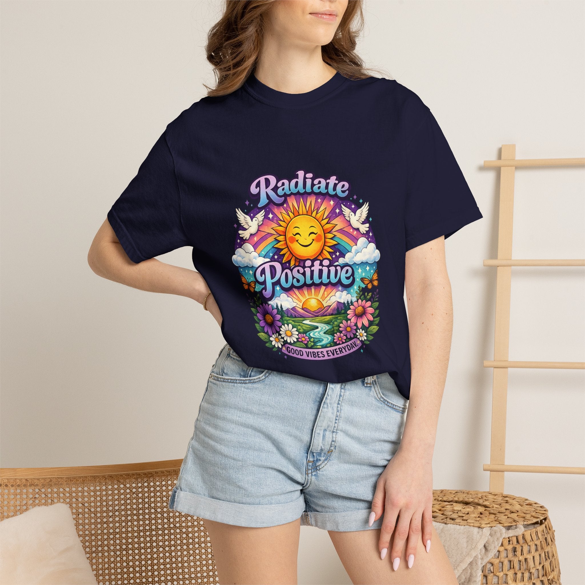 Radiate Positive Shirt – Groovy Purple & Teal Sunshine Floral Tee | Mental Health Awareness Gift