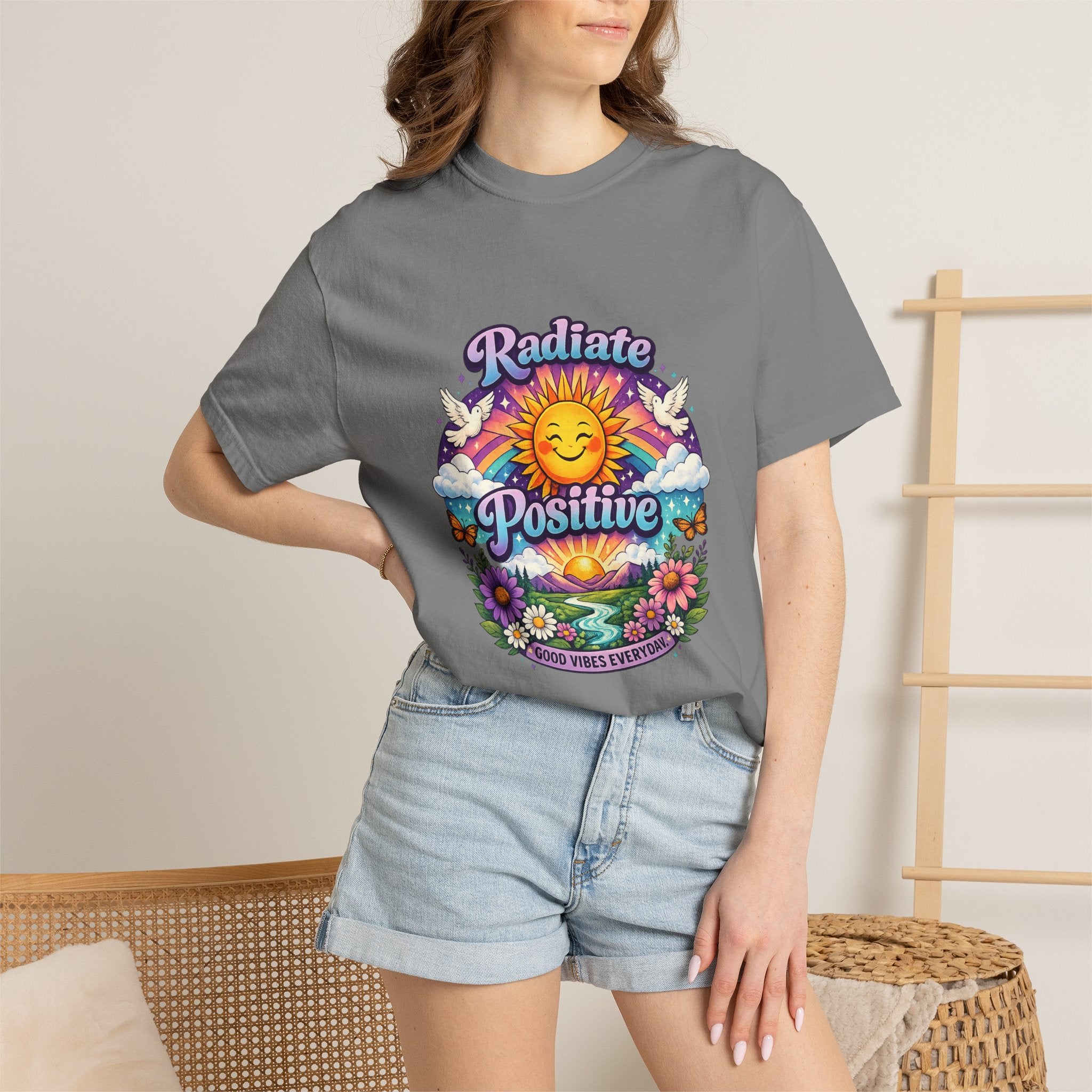Radiate Positive Shirt – Groovy Purple & Teal Sunshine Floral Tee | Mental Health Awareness Gift