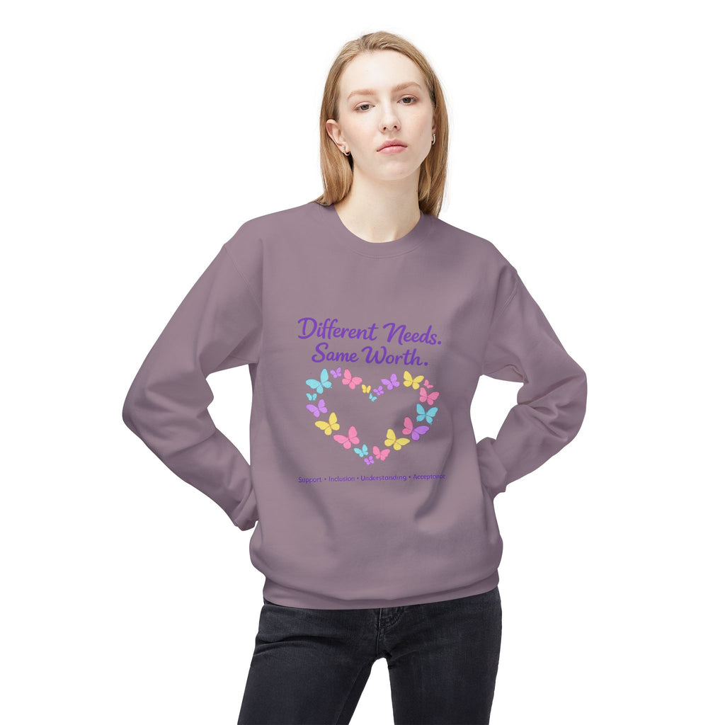 Different Needs Same Worth Crewneck | Special Needs Awareness Sweatshirt | Neurodiversity Acceptance Butterfly Sweatshirt | Inclusion Support Sweatshirt