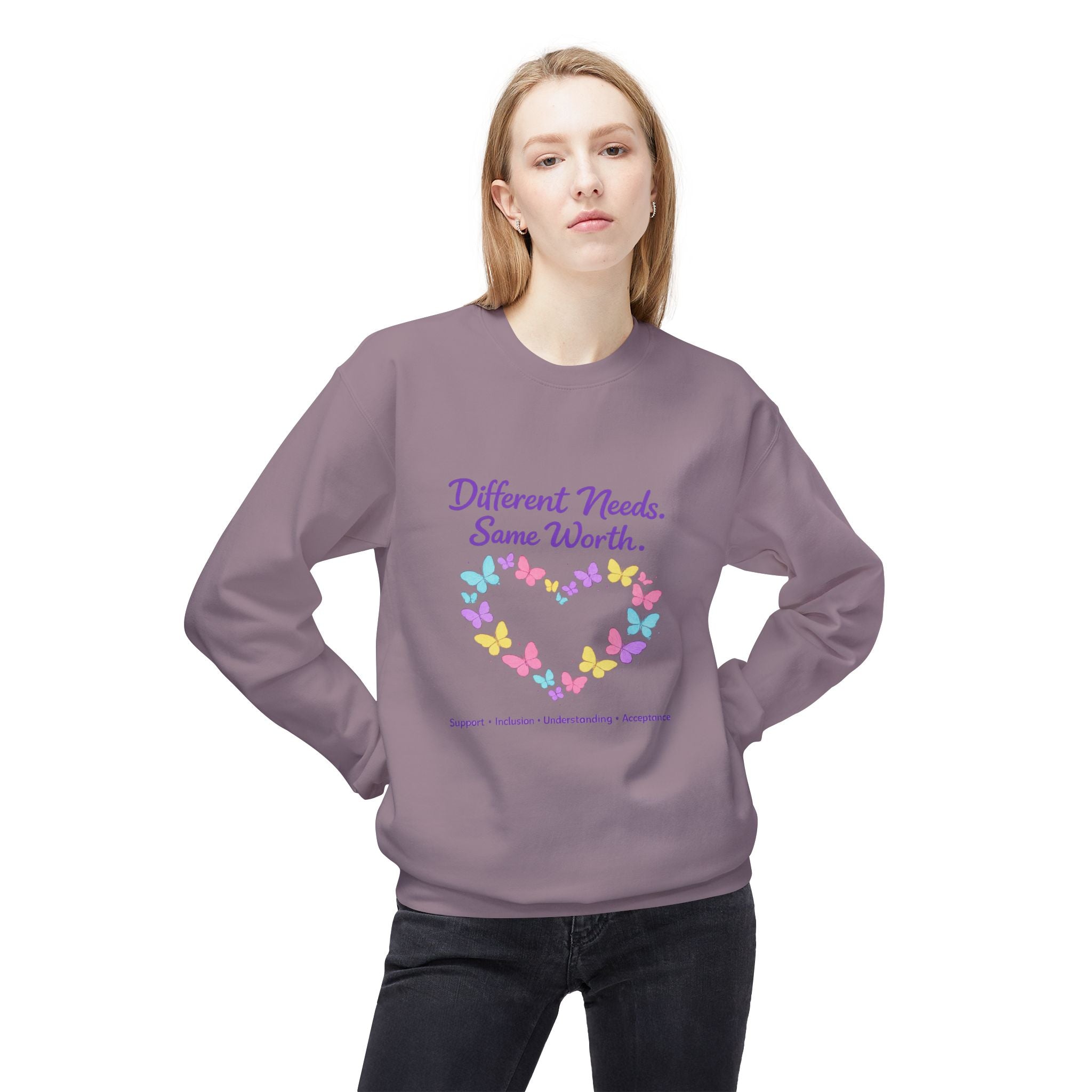 Different Needs Same Worth Crewneck | Special Needs Awareness Sweatshirt | Neurodiversity Acceptance Butterfly Sweatshirt | Inclusion Support Sweatshirt
