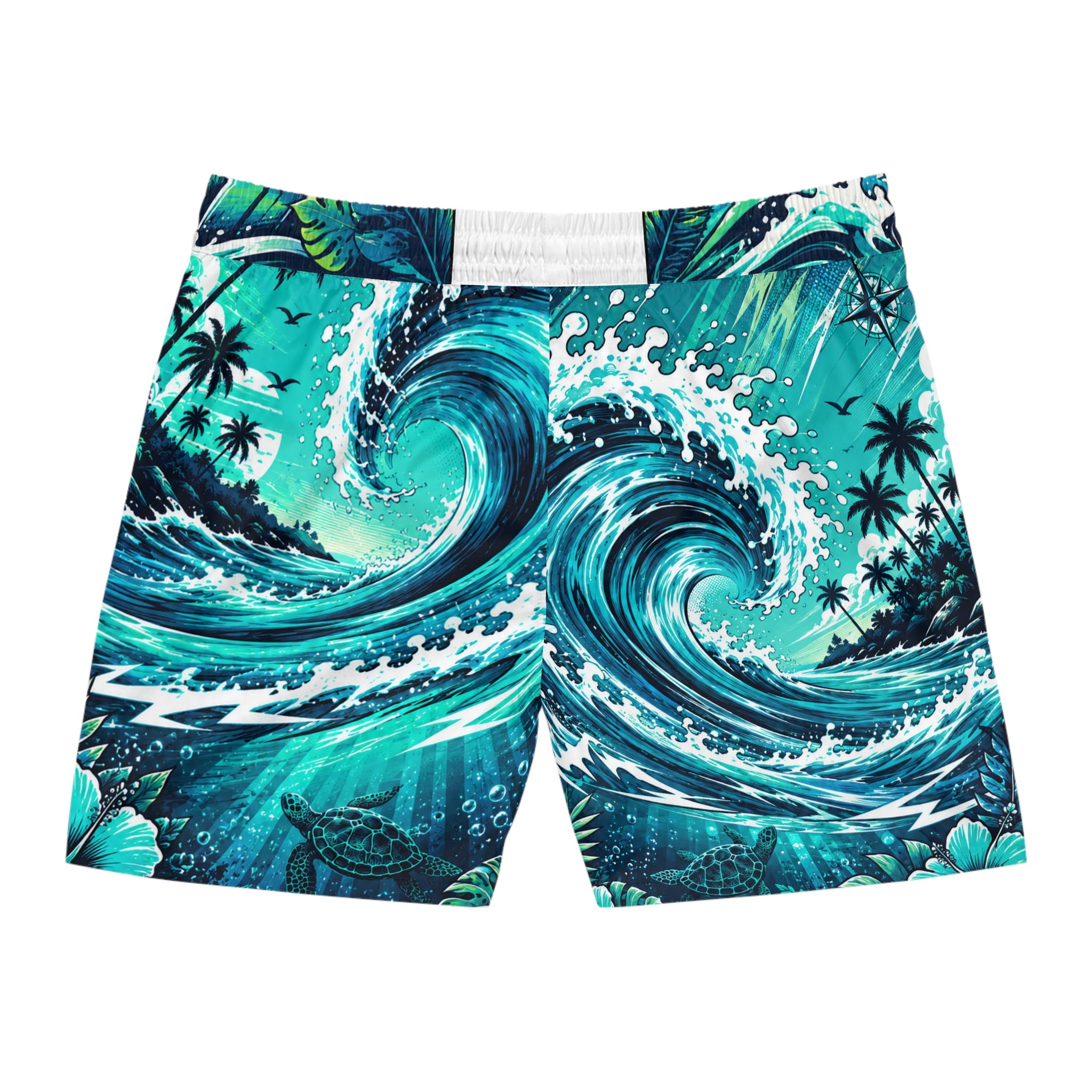 Teal Tropical Wave Men’s Swim Trunks | Ocean Surf Board Shorts | Beach Vacation Swimwear | Palm Tree & Sea Turtle Graphic Shorts