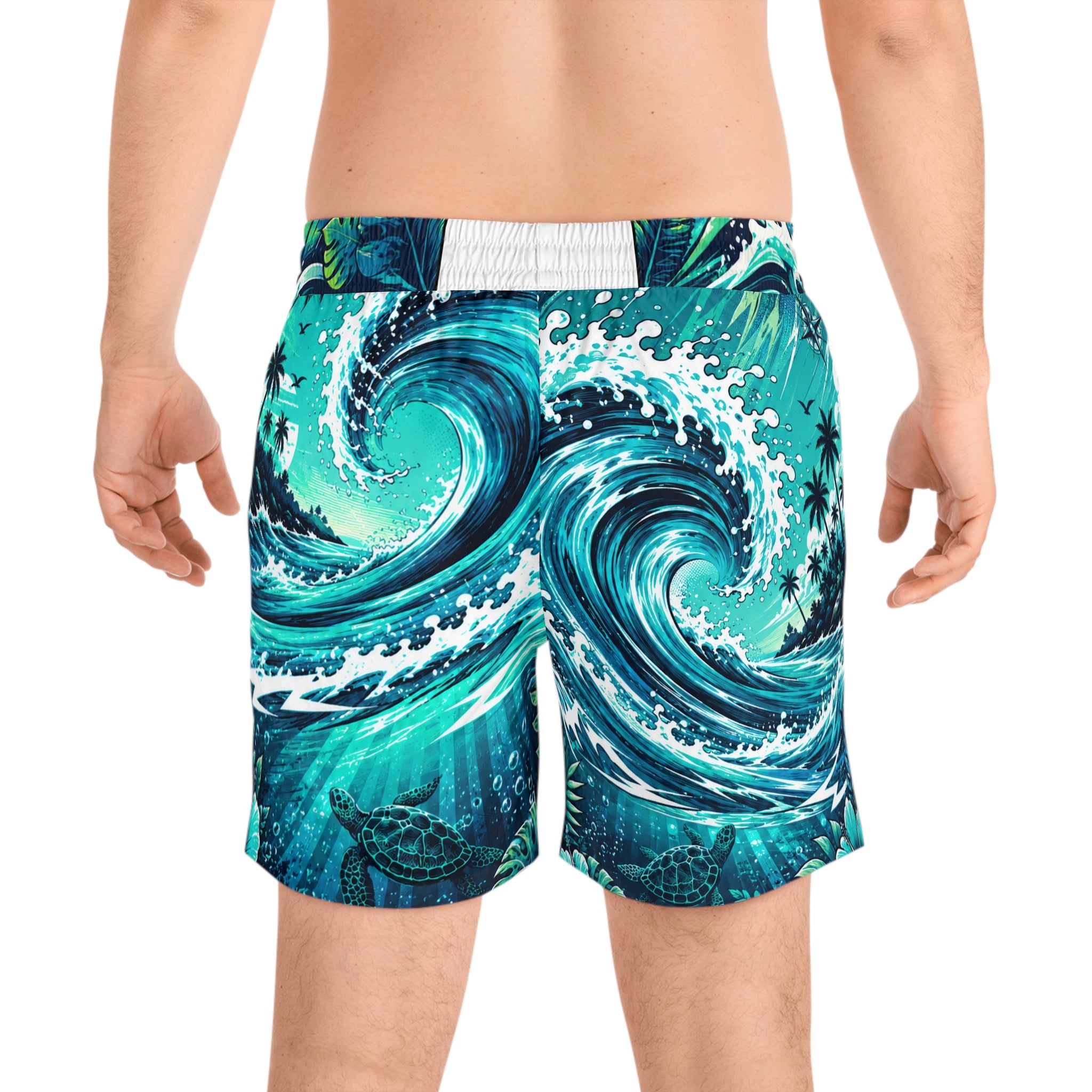 Teal Tropical Wave Men’s Swim Trunks | Ocean Surf Board Shorts | Beach Vacation Swimwear | Palm Tree & Sea Turtle Graphic Shorts