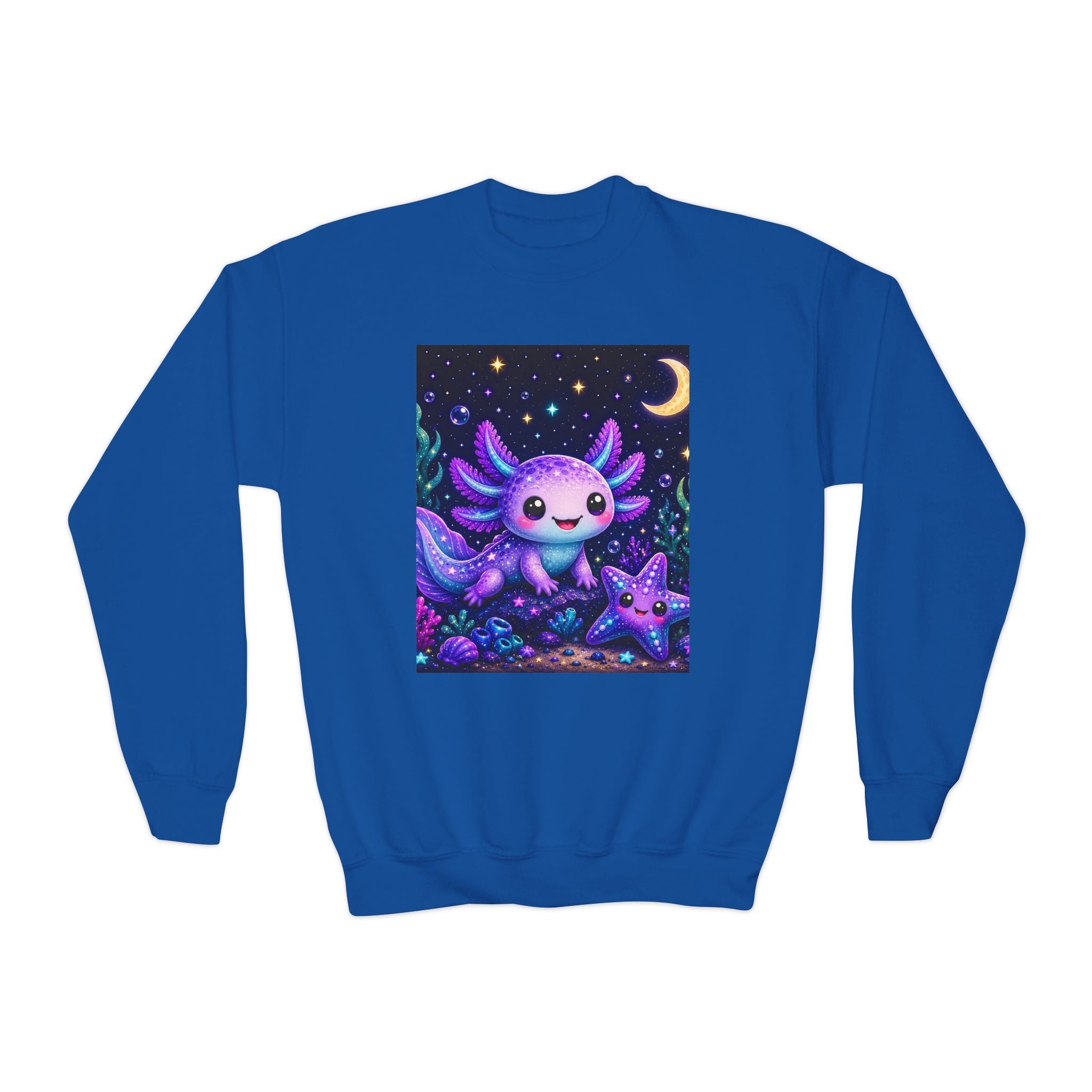 Axolotl Moonlight Youth Crewneck Sweatshirt | Cute Kawaii Night Sky Kids Pullover | NeuroVibe Shop™