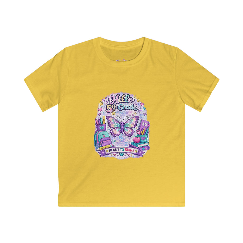 Hello 5th Grade Ready to Shine T-Shirt | Fifth Grade Butterfly Shirt | First Day of School Tee | Back to School Kids Apparel 🦋🎒📚💜✨