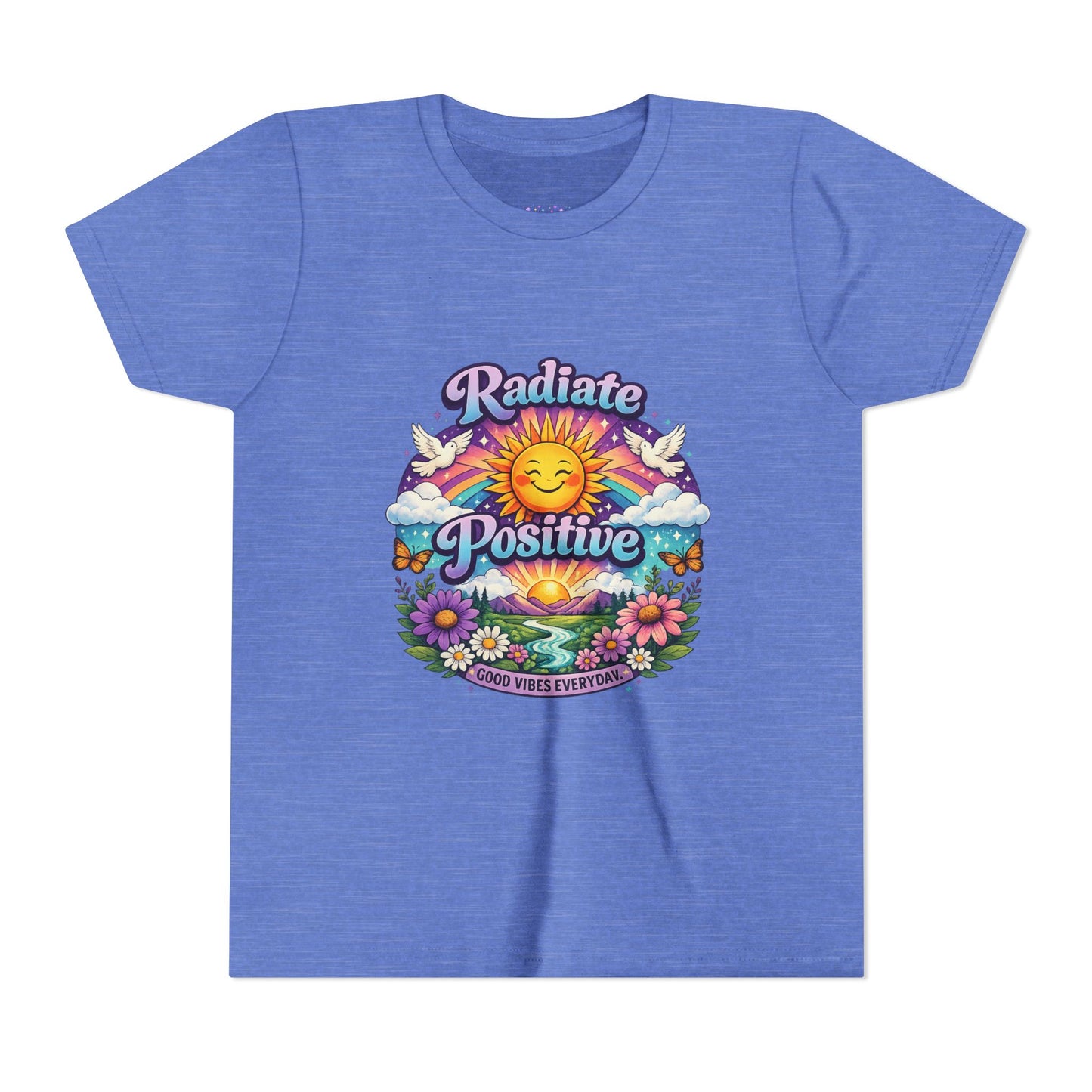 Youth Radiate Positive T-Shirt – Purple & Teal Retro Sunshine Inspirational Graphic Tee | Good Vibes Everyday Boho Floral Shirt | Motivational Mental Health Apparel