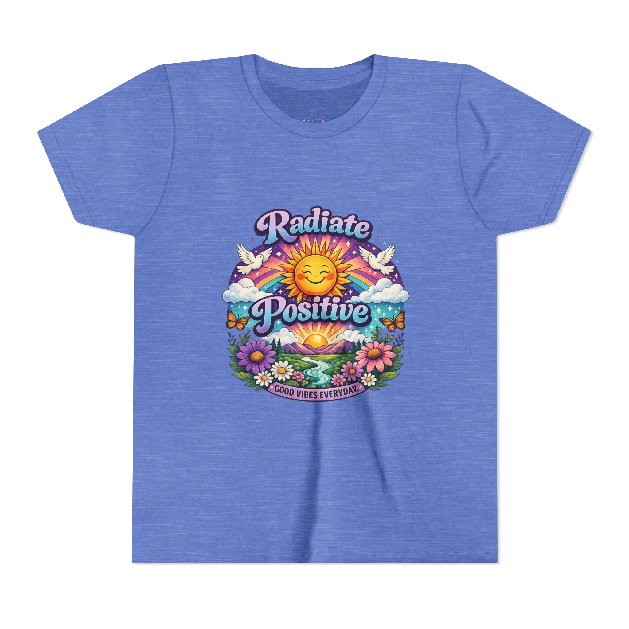 Youth Radiate Positive T-Shirt – Purple & Teal Retro Sunshine Inspirational Graphic Tee | Good Vibes Everyday Boho Floral Shirt | Motivational Mental Health Apparel