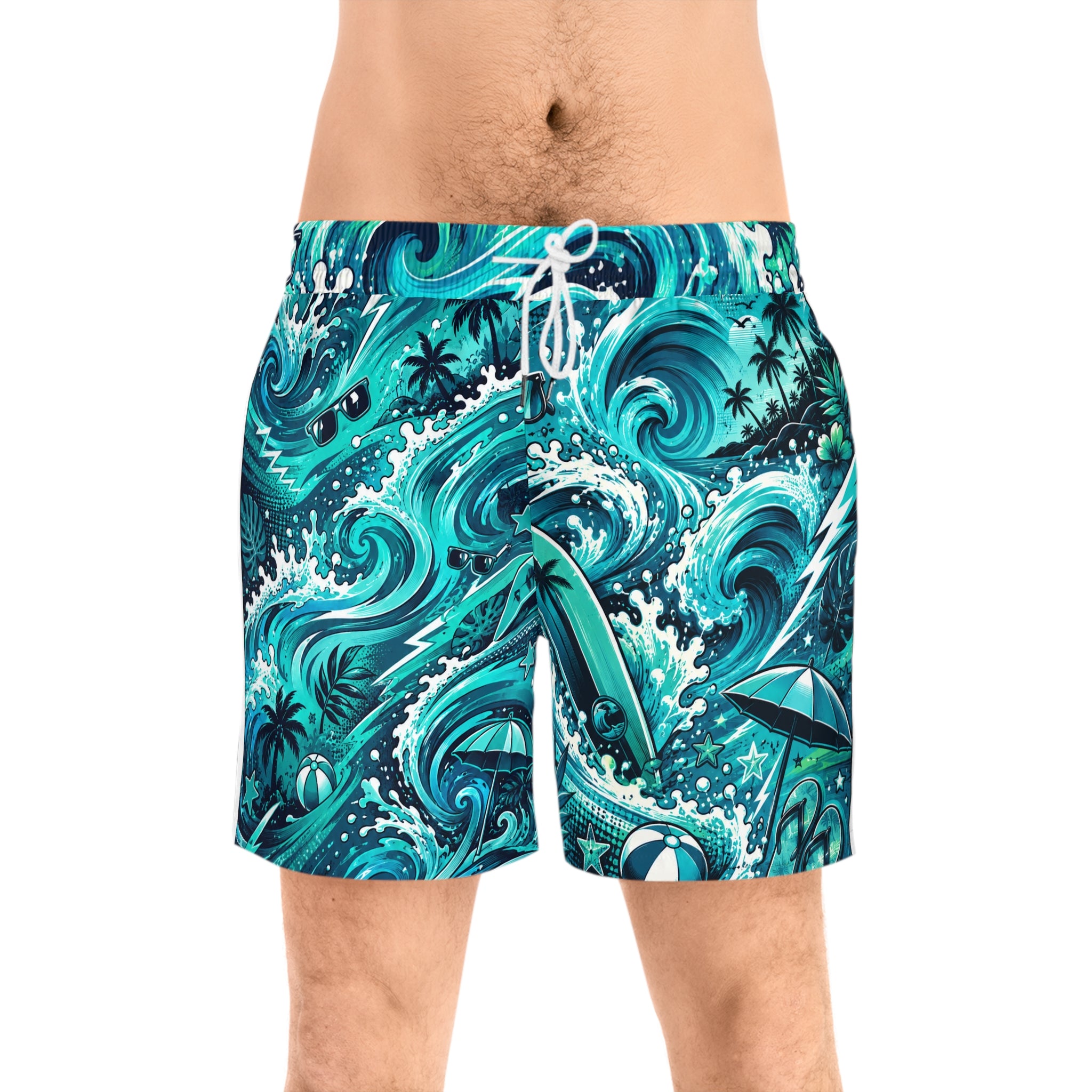 Teal Tropical Wave Men’s Swim Trunks | Ocean Surf Board Shorts | Beach Vacation Swimwear | Palm Tree & Sea Turtle Graphic Shorts