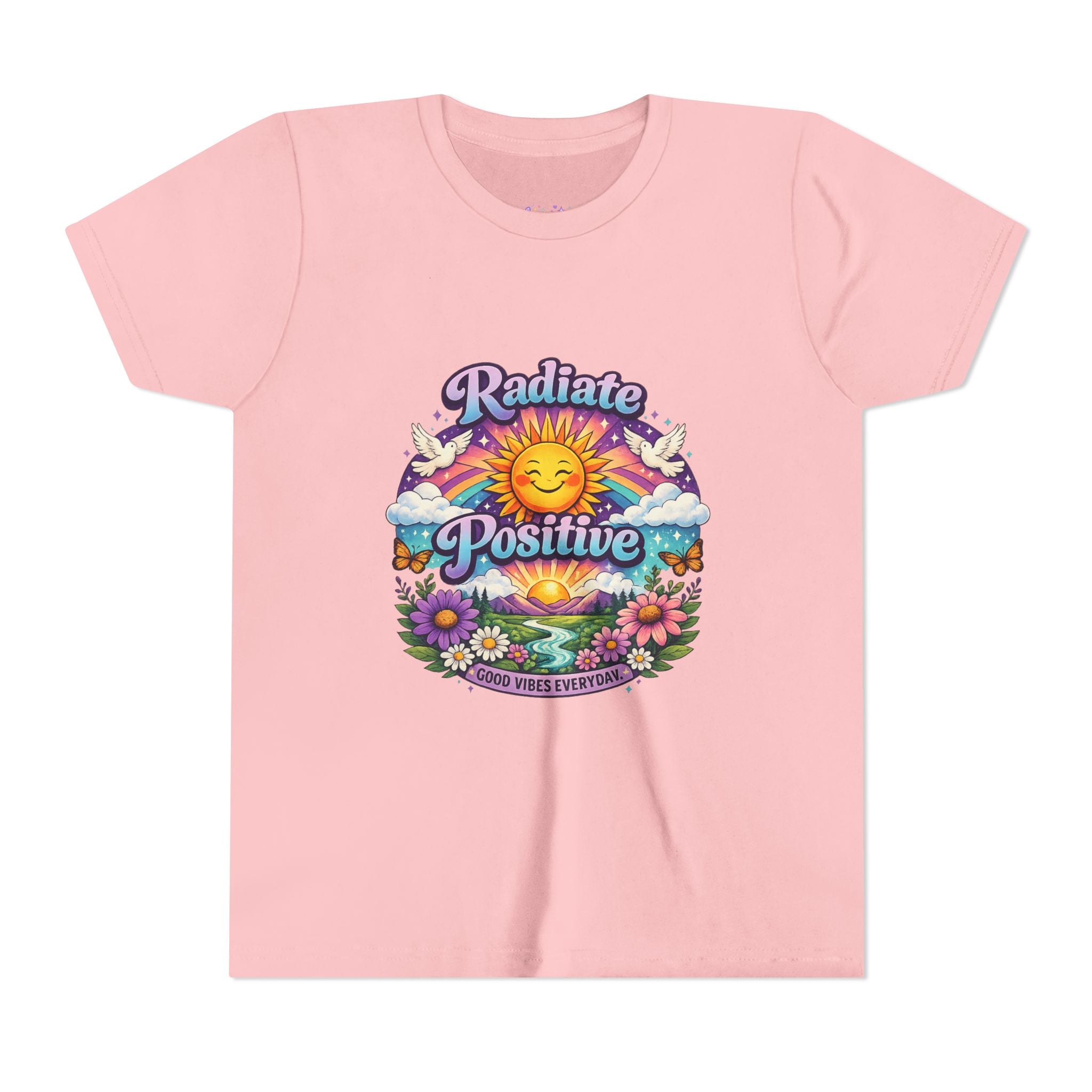 Youth Radiate Positive T-Shirt – Purple & Teal Retro Sunshine Inspirational Graphic Tee | Good Vibes Everyday Boho Floral Shirt | Motivational Mental Health Apparel