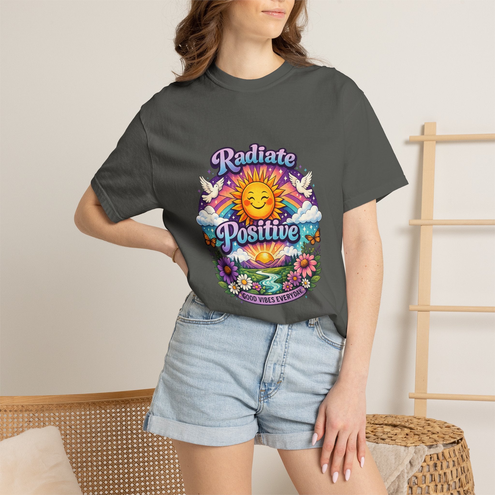 Radiate Positive Shirt – Groovy Purple & Teal Sunshine Floral Tee | Mental Health Awareness Gift