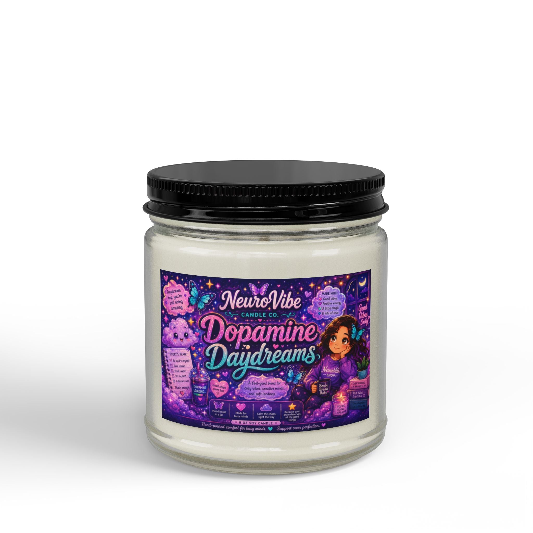 Dopamine Daydreams Scented Soy Candle — 4oz & 9oz Amber Jar with Black Lid