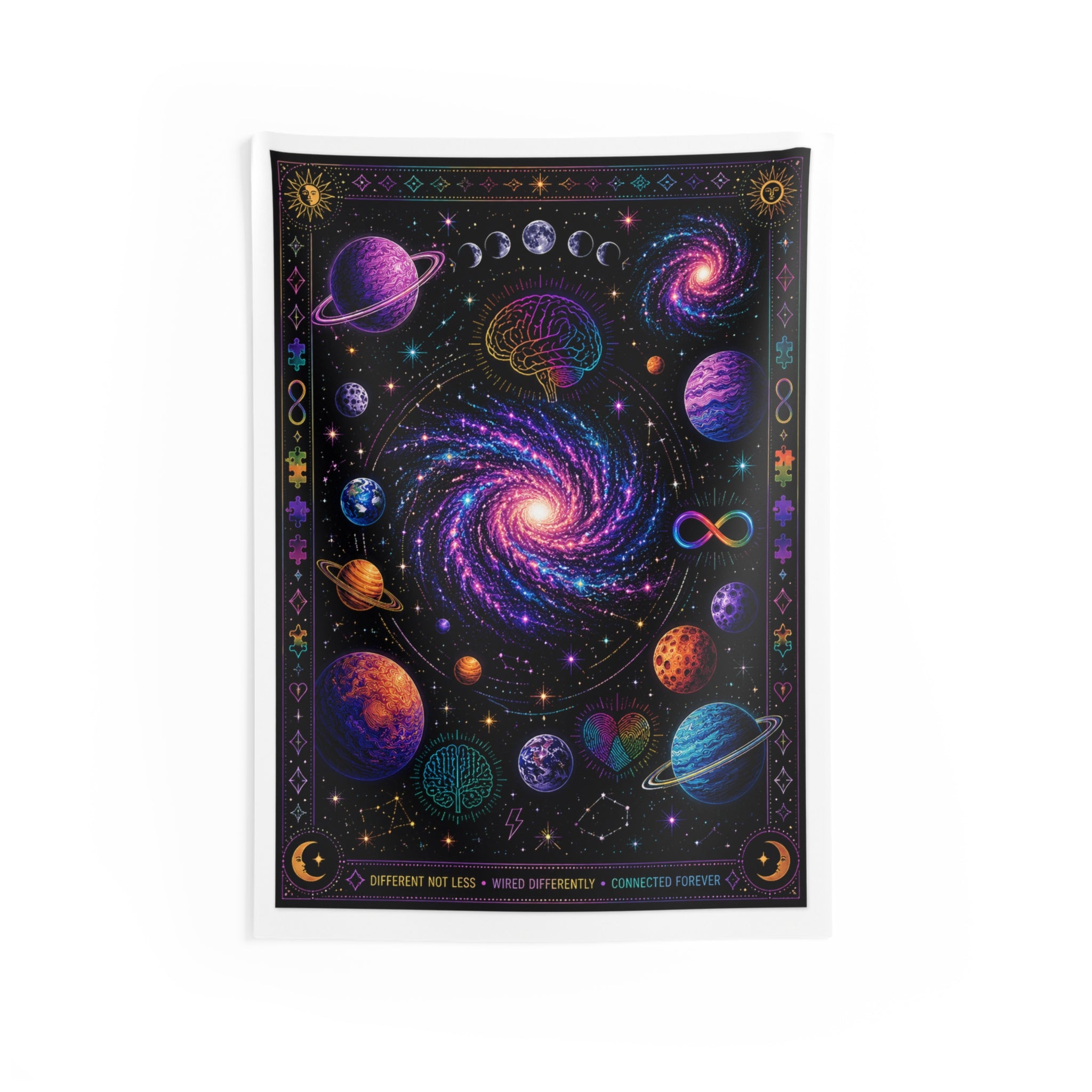 NeuroVibe Galaxy Tapestry – Neurodiversity Space Wall Hanging with Planets, Stars, Infinity Symbol & Cosmic Mental Health Art