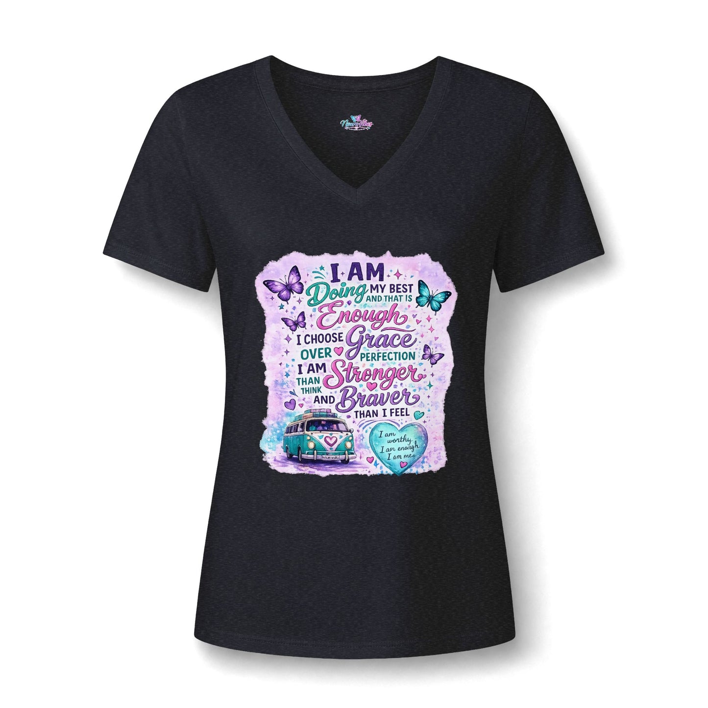 V‑Neck Tee — NeuroVibes Positive Affirmation T-Shirt | Choose Grace Over Perfection 💜🦋