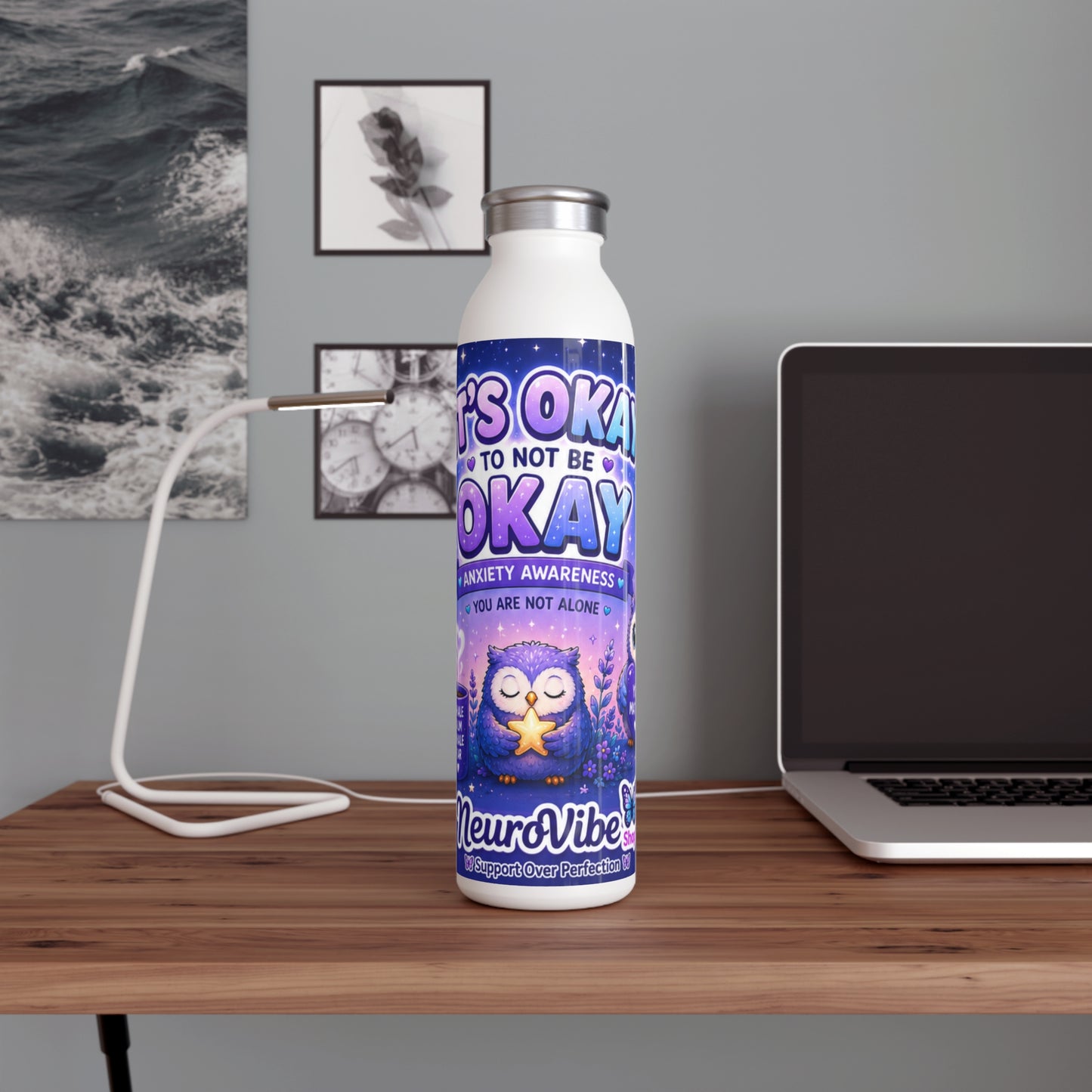 NeuroVibe Anxiety Awareness Water Bottle | “It’s Okay to Not Be Okay” Owl Mental Health Tumbler | NeuroVibe Shop™