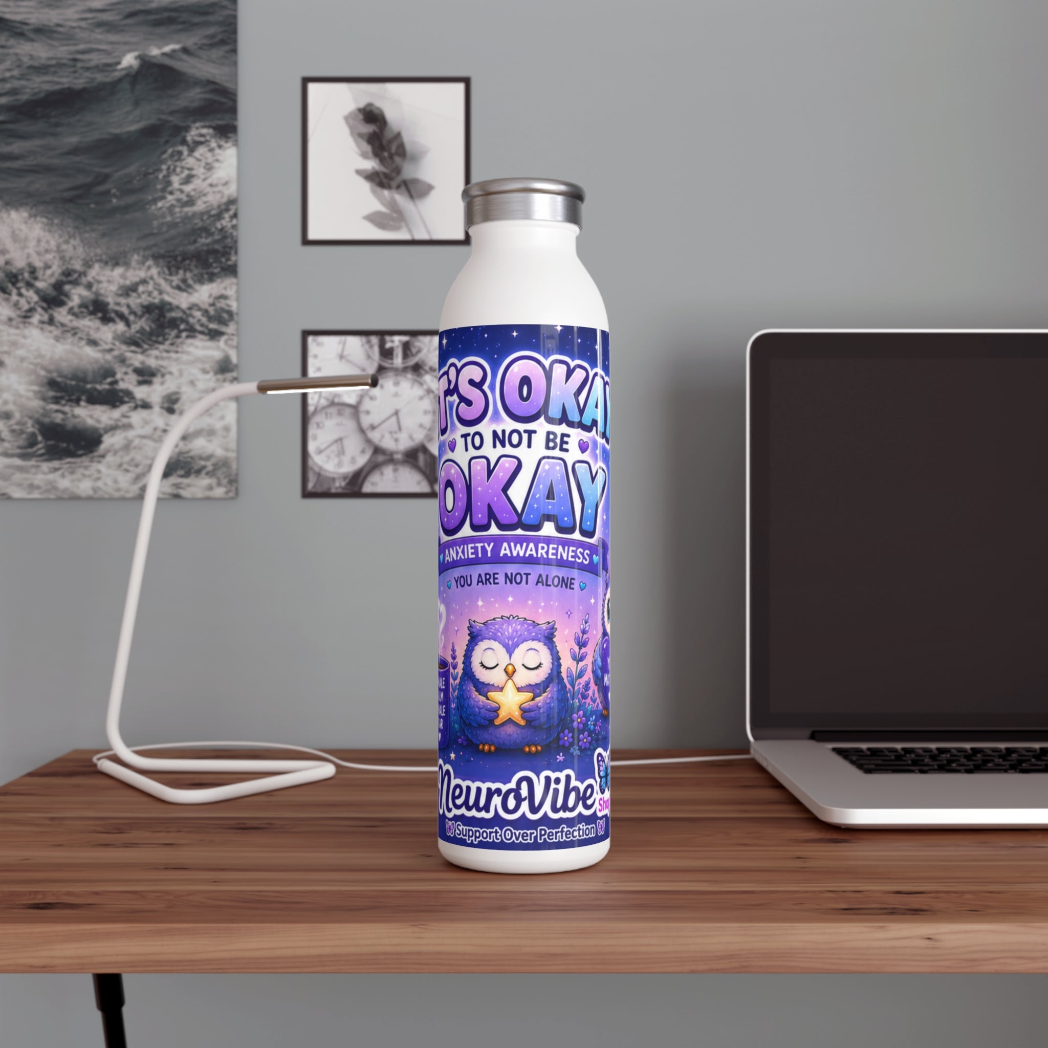 NeuroVibe Anxiety Awareness Water Bottle | “It’s Okay to Not Be Okay” Owl Mental Health Tumbler | NeuroVibe Shop™