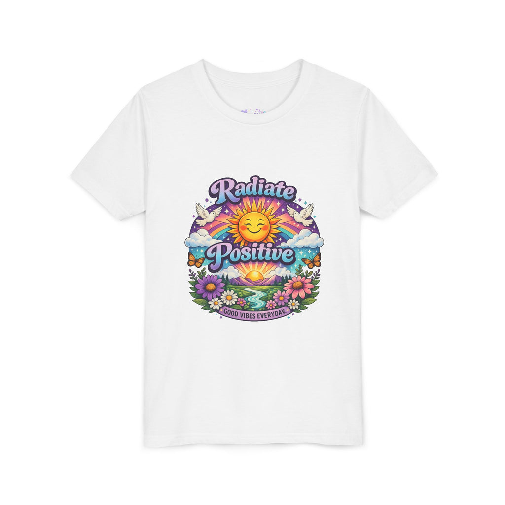 Youth Radiate Positive T-Shirt – Purple & Teal Retro Sunshine Inspirational Graphic Tee | Good Vibes Everyday Boho Floral Shirt | Motivational Mental Health Apparel
