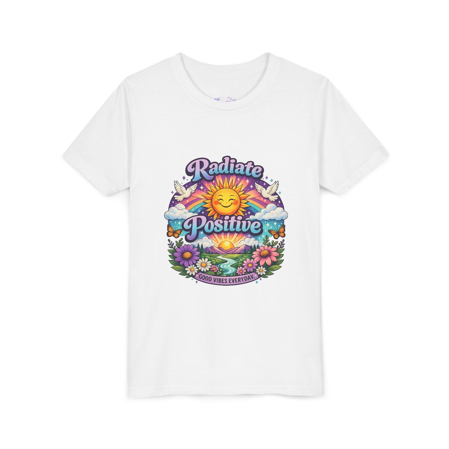 Youth Radiate Positive T-Shirt – Purple & Teal Retro Sunshine Inspirational Graphic Tee | Good Vibes Everyday Boho Floral Shirt | Motivational Mental Health Apparel