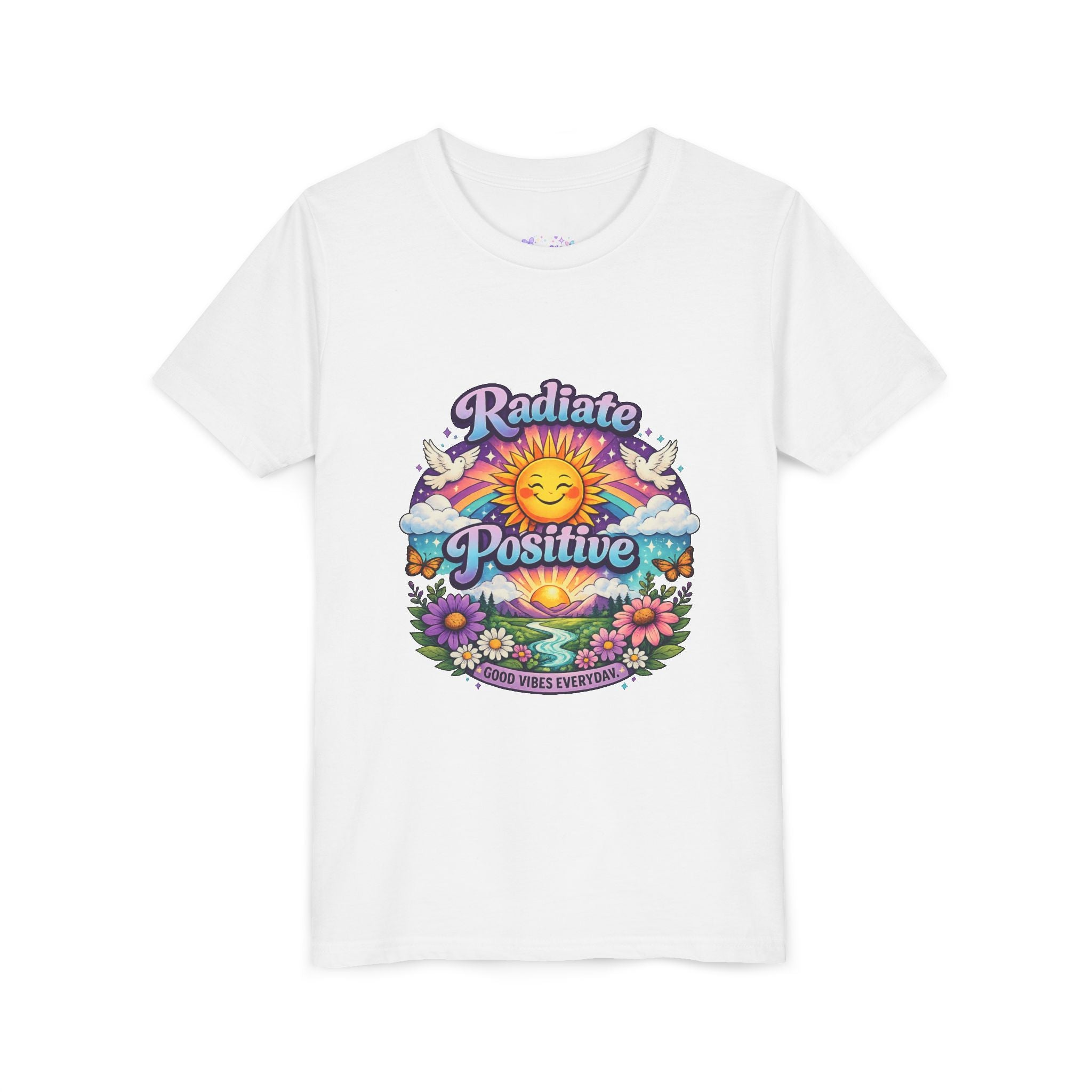 Youth Radiate Positive T-Shirt – Purple & Teal Retro Sunshine Inspirational Graphic Tee | Good Vibes Everyday Boho Floral Shirt | Motivational Mental Health Apparel