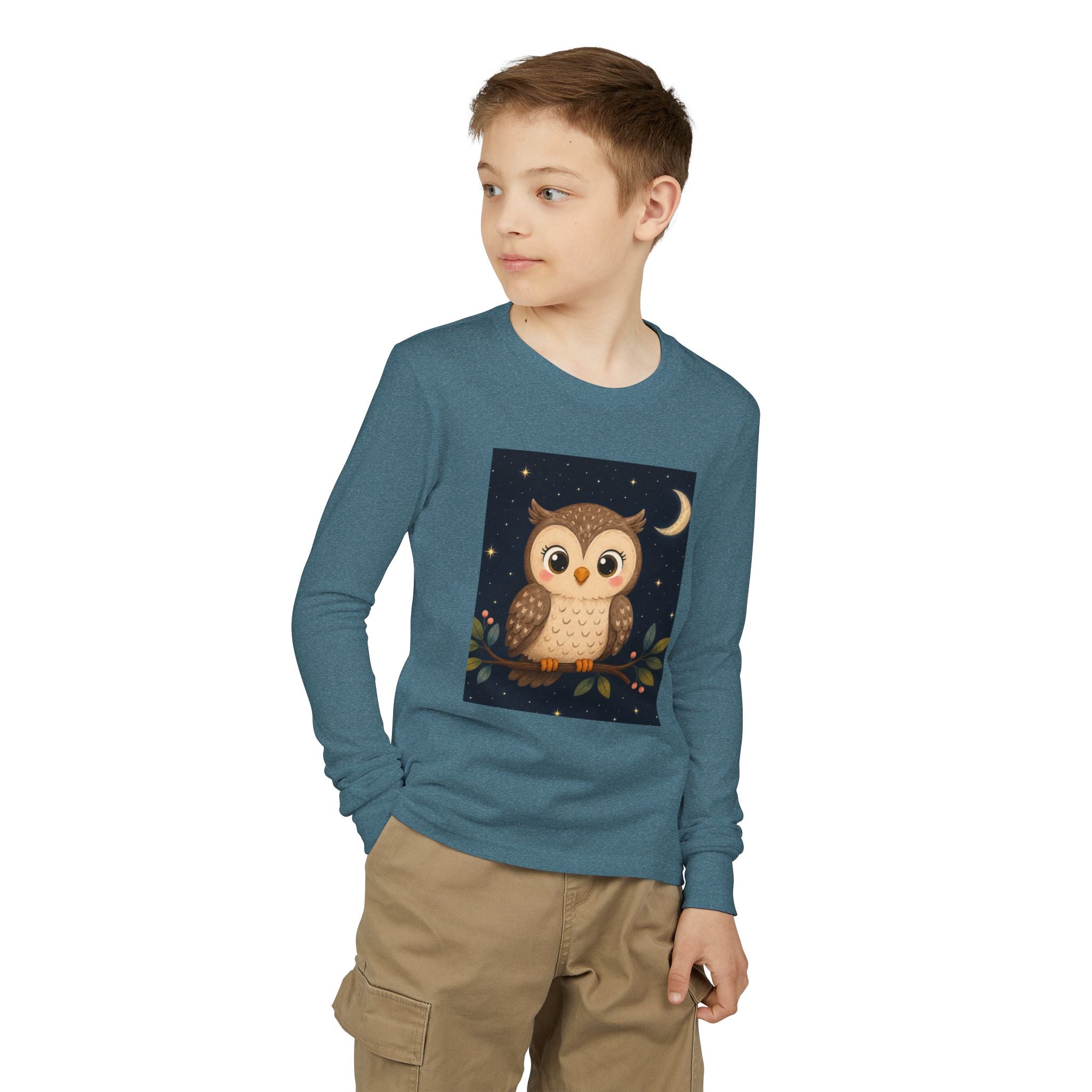 Cute Owl Youth Long Sleeve Shirt | Moon & Stars Night Owl Kids Graphic Tee | NeuroVibe Shop™