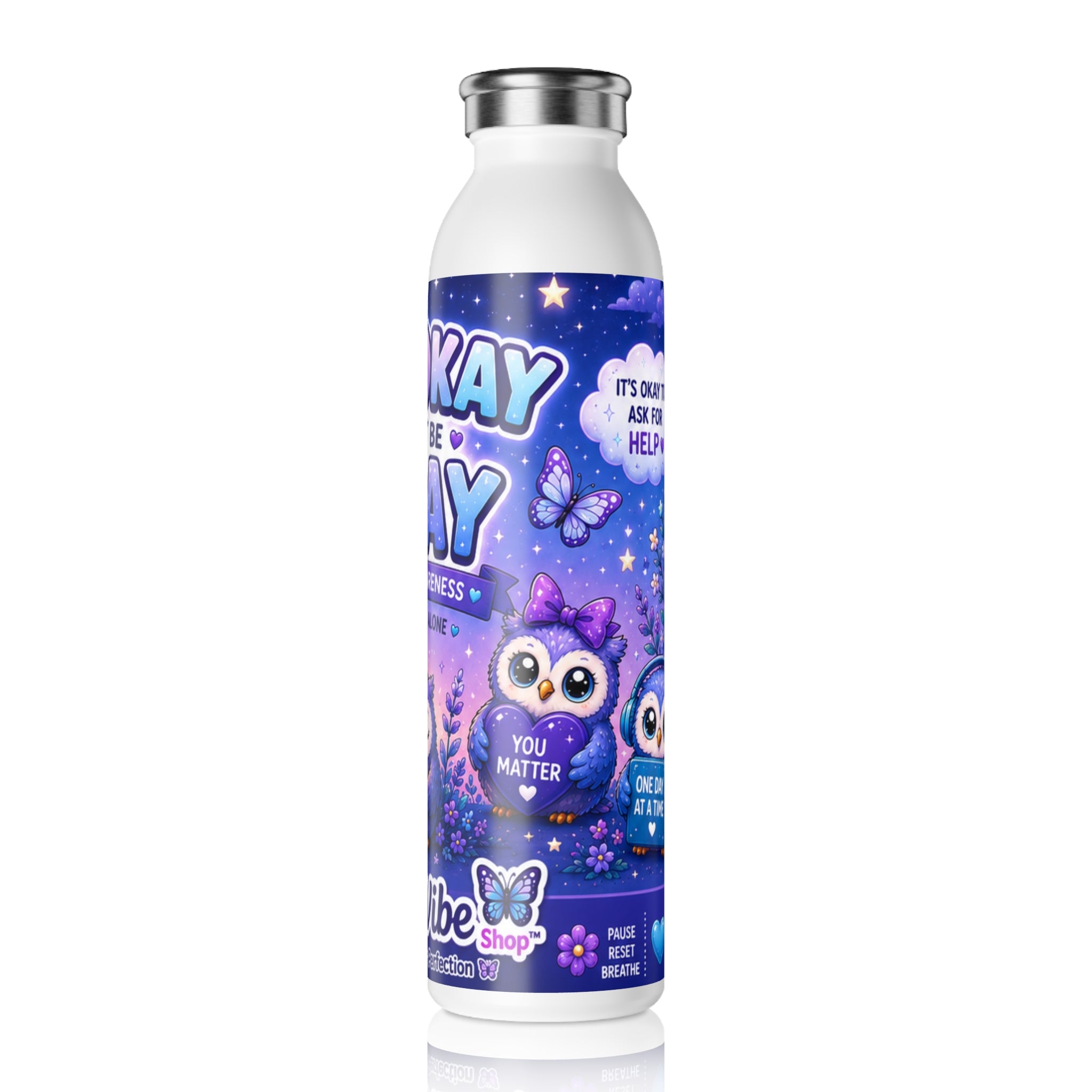NeuroVibe Anxiety Awareness Water Bottle | “It’s Okay to Not Be Okay” Owl Mental Health Tumbler | NeuroVibe Shop™