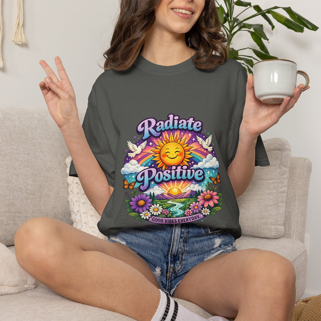 Radiate Positive Shirt – Groovy Purple & Teal Sunshine Floral Tee | Mental Health Awareness Gift