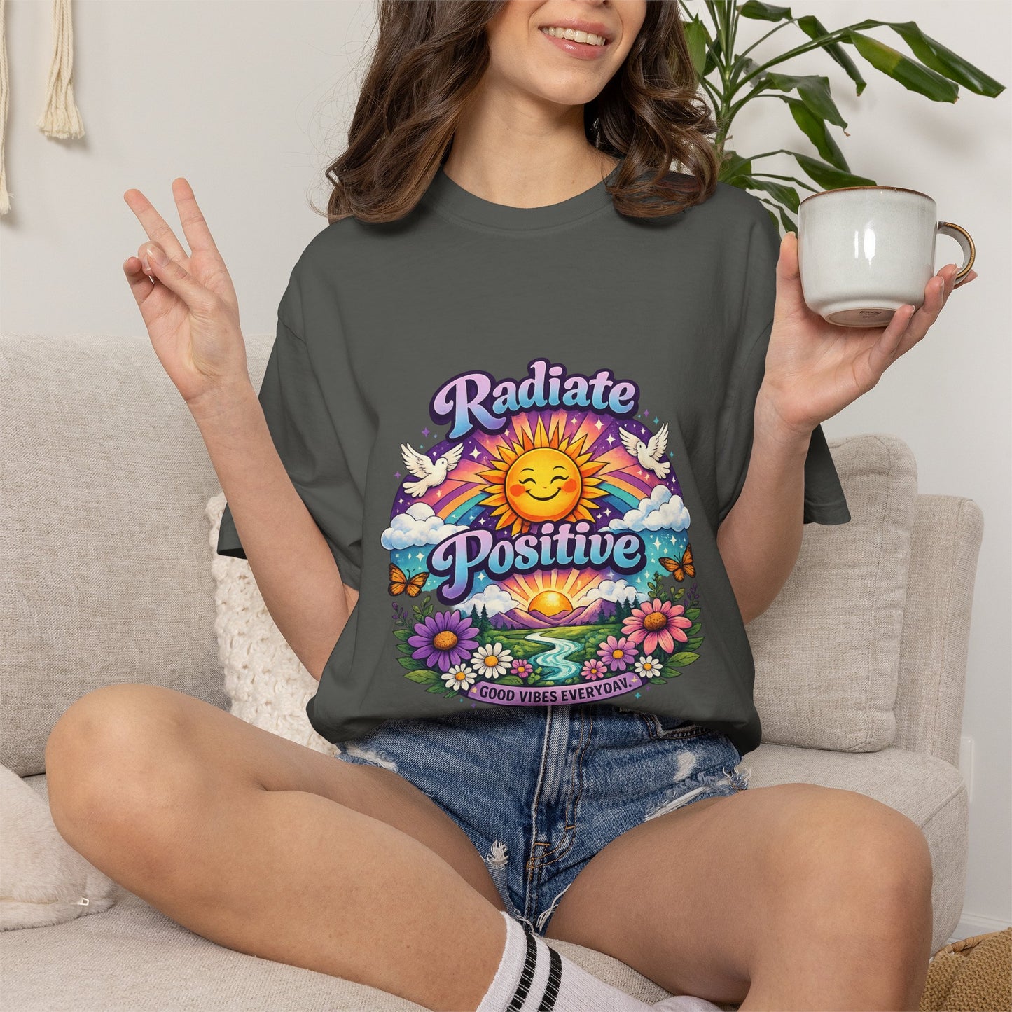 Radiate Positive Shirt – Groovy Purple & Teal Sunshine Floral Tee | Mental Health Awareness Gift