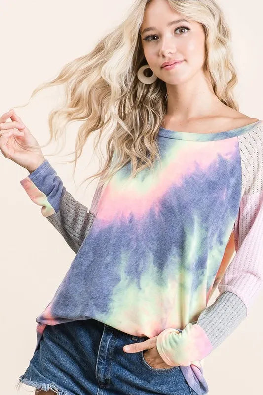 Tie Dye Terry Top With Color Block Pointelle Knit