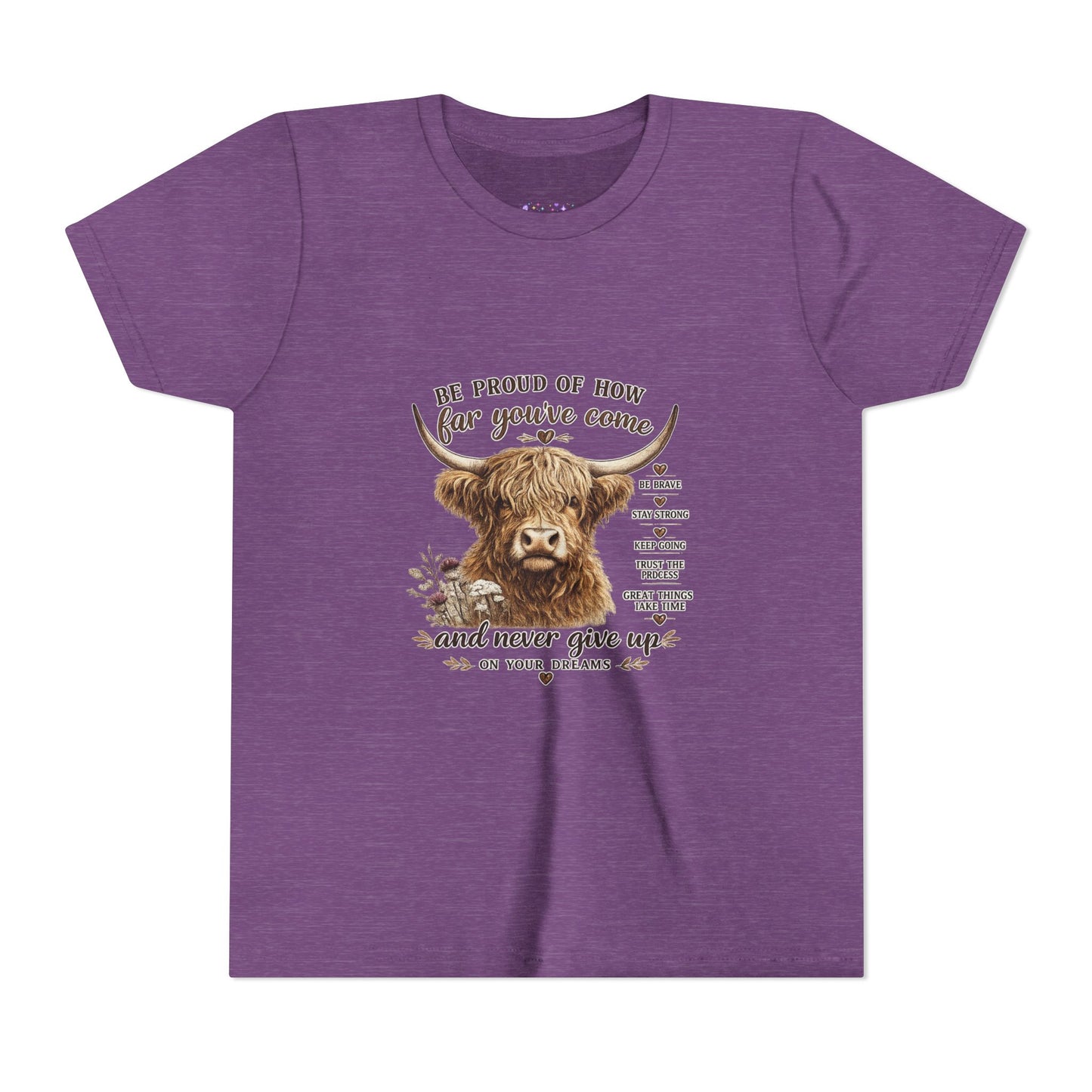 Highland Cow Kids T-Shirt | Be Proud of How Far You’ve Come Motivational Youth Tee | Inspirational Farm Animal Shirt for Boys & Girls