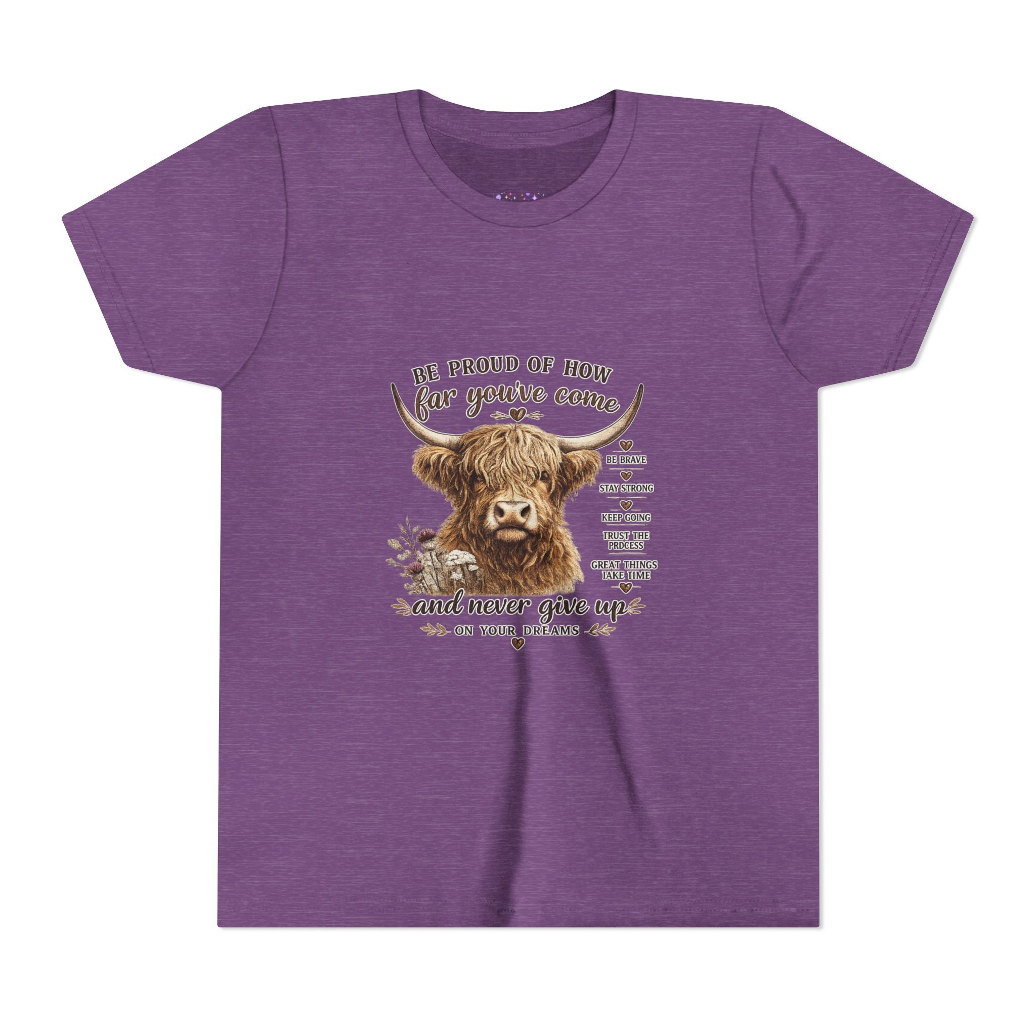 Highland Cow Kids T-Shirt | Be Proud of How Far You’ve Come Motivational Youth Tee | Inspirational Farm Animal Shirt for Boys & Girls