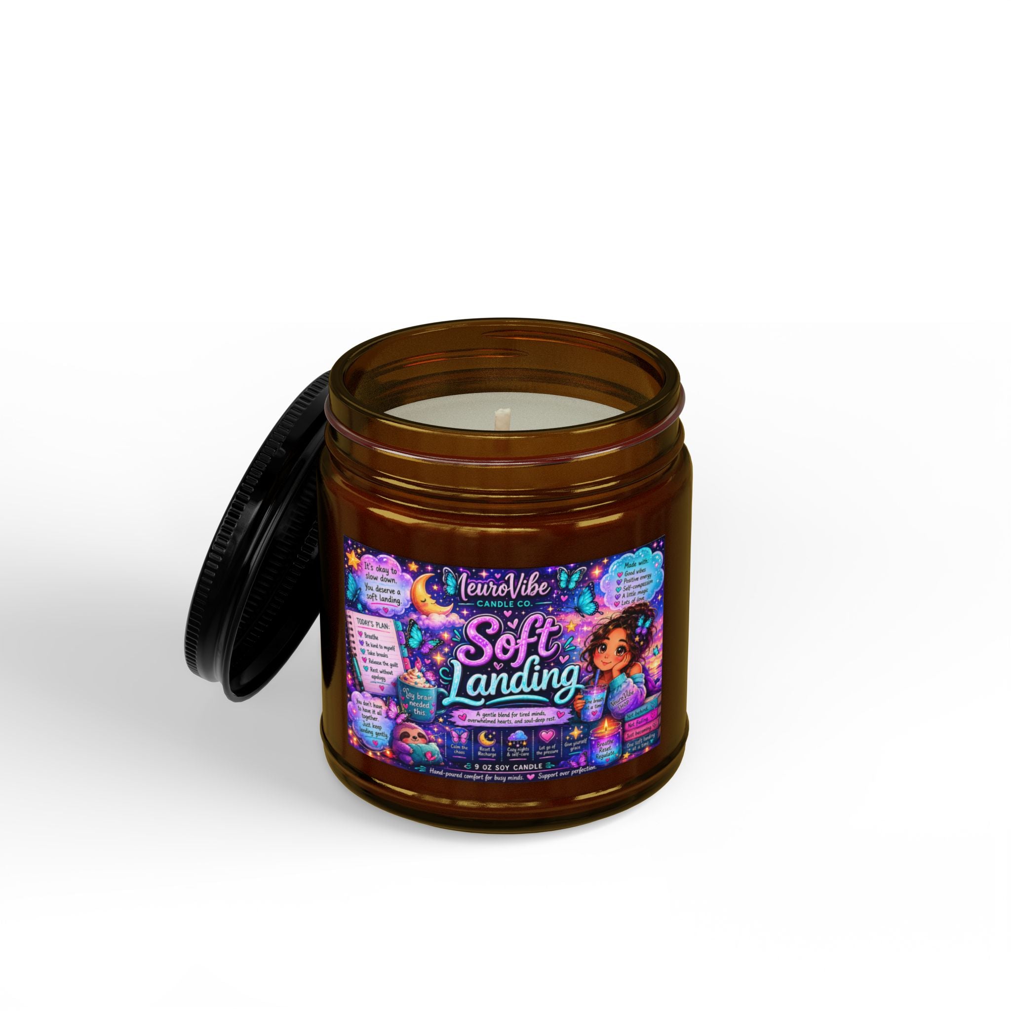 Soft Landing Scented Soy Candle — Calming Aromatherapy Jar (4oz & 9oz, Black Lid)
