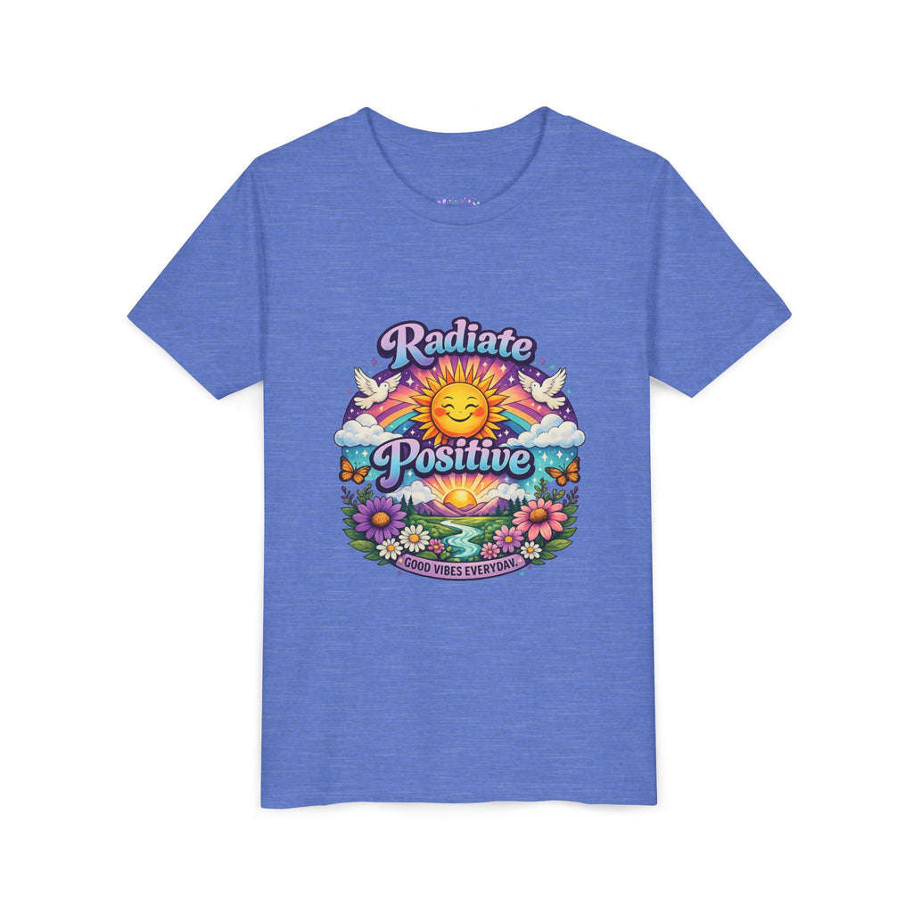 Youth Radiate Positive T-Shirt – Purple & Teal Retro Sunshine Inspirational Graphic Tee | Good Vibes Everyday Boho Floral Shirt | Motivational Mental Health Apparel