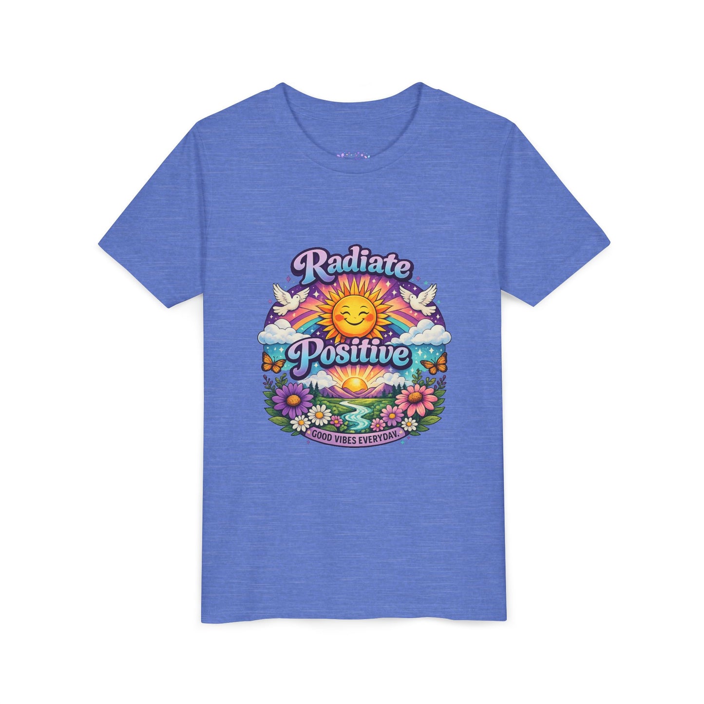 Youth Radiate Positive T-Shirt – Purple & Teal Retro Sunshine Inspirational Graphic Tee | Good Vibes Everyday Boho Floral Shirt | Motivational Mental Health Apparel