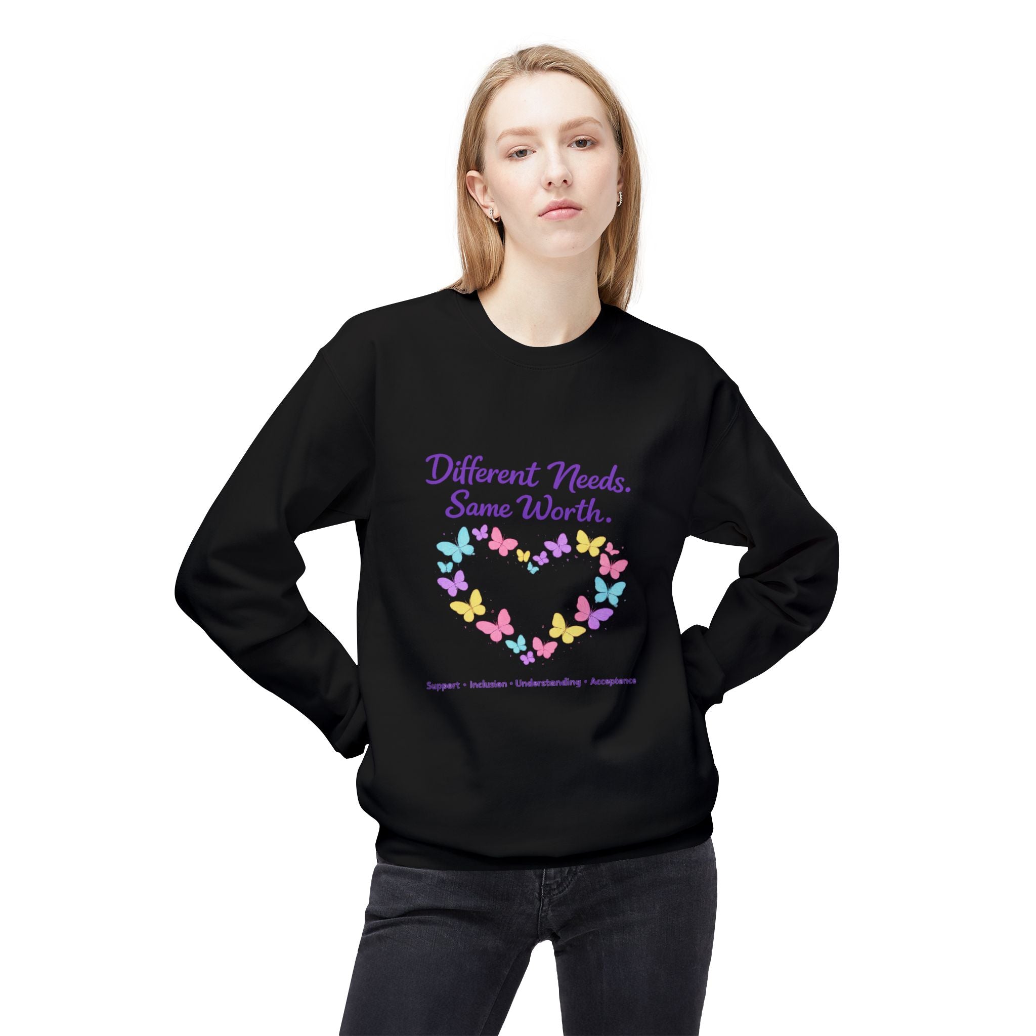 Different Needs Same Worth Crewneck | Special Needs Awareness Sweatshirt | Neurodiversity Acceptance Butterfly Sweatshirt | Inclusion Support Sweatshirt
