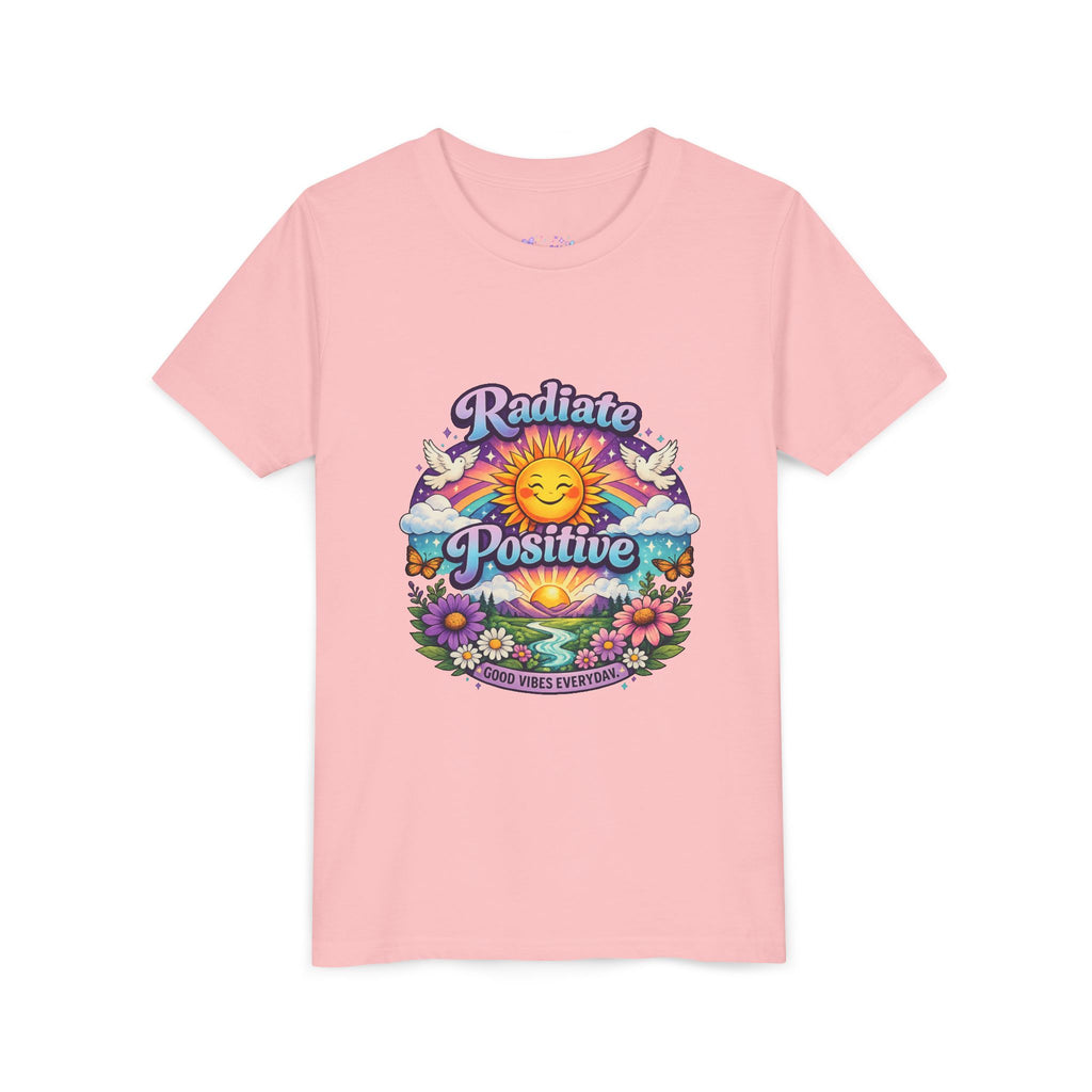Youth Radiate Positive T-Shirt – Purple & Teal Retro Sunshine Inspirational Graphic Tee | Good Vibes Everyday Boho Floral Shirt | Motivational Mental Health Apparel