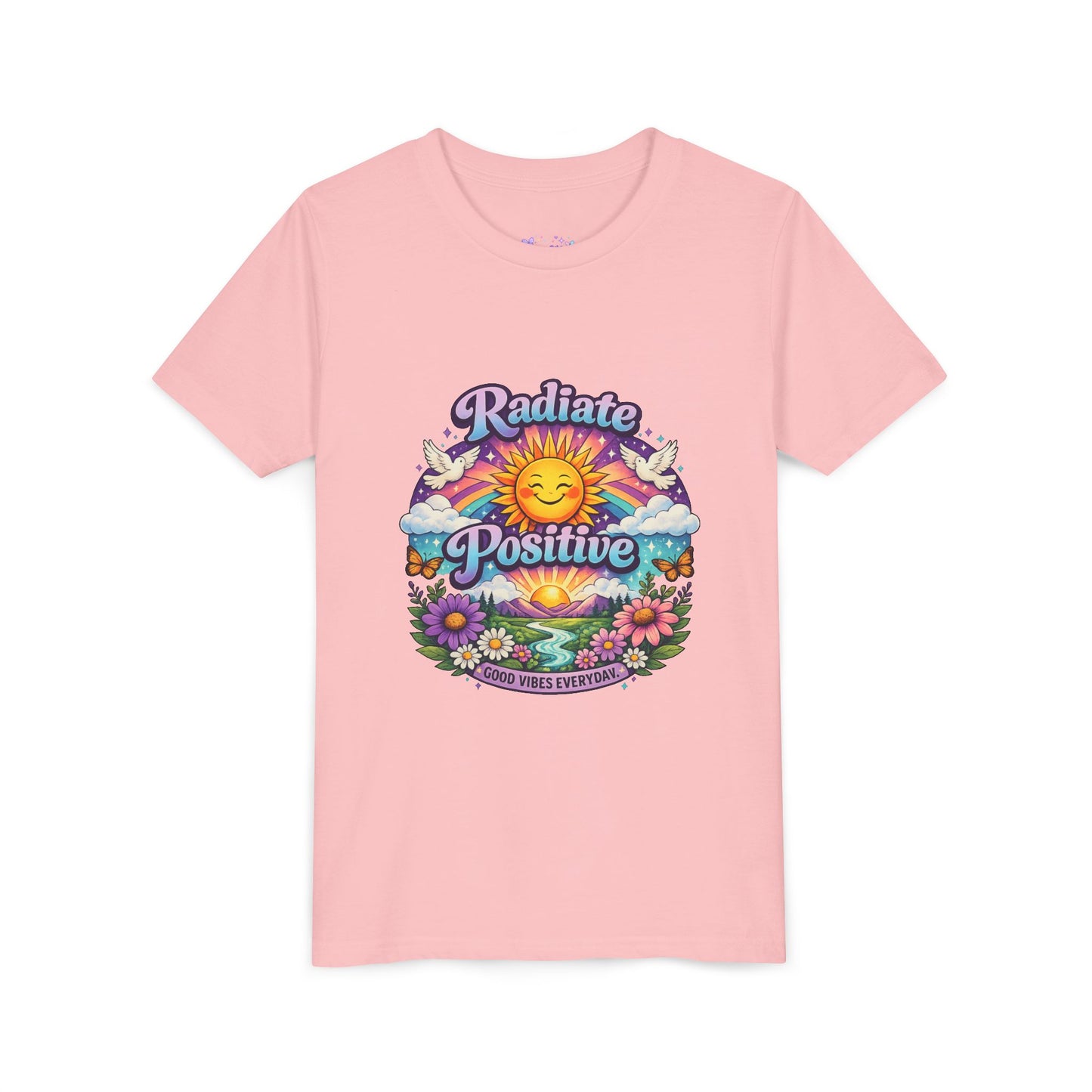 Youth Radiate Positive T-Shirt – Purple & Teal Retro Sunshine Inspirational Graphic Tee | Good Vibes Everyday Boho Floral Shirt | Motivational Mental Health Apparel