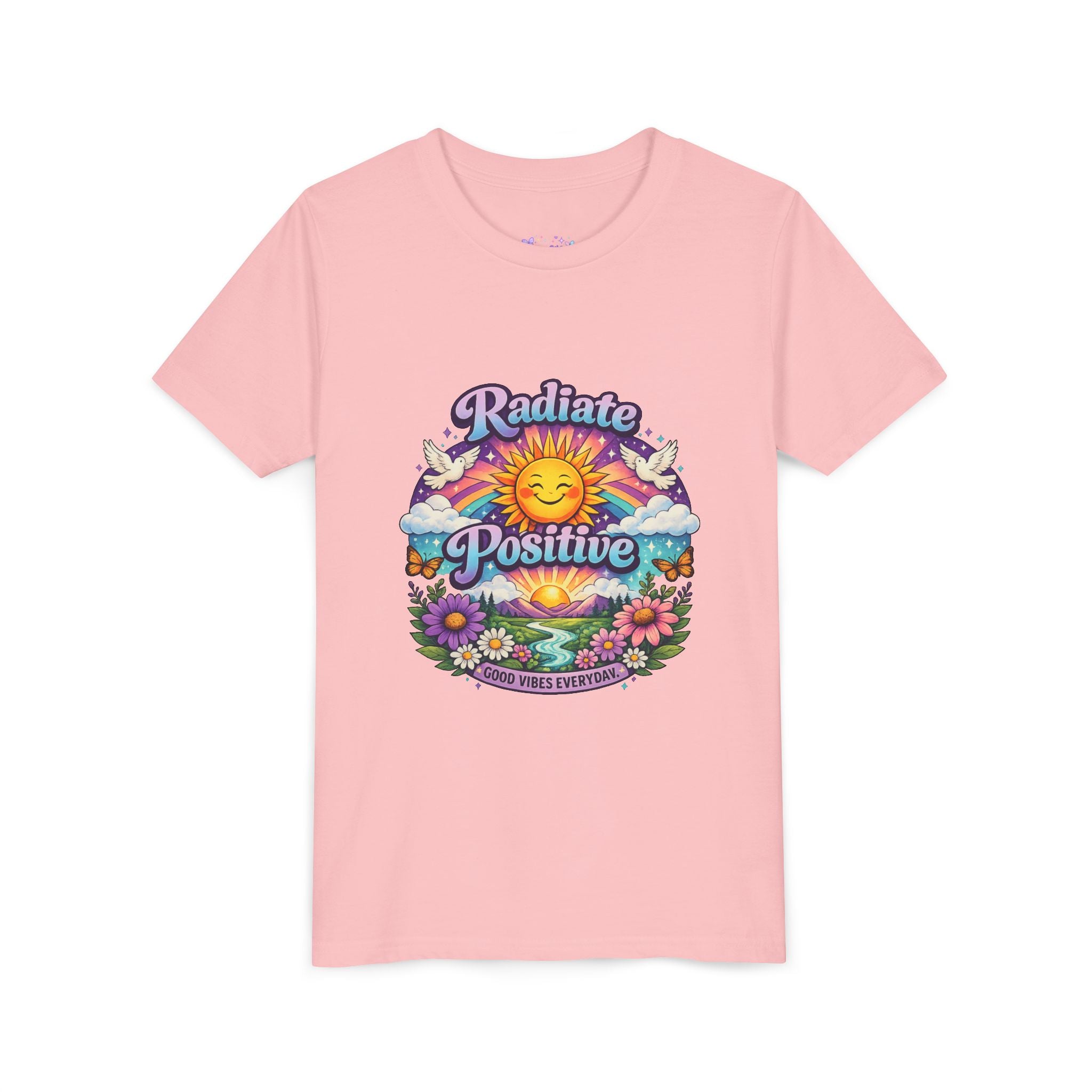 Youth Radiate Positive T-Shirt – Purple & Teal Retro Sunshine Inspirational Graphic Tee | Good Vibes Everyday Boho Floral Shirt | Motivational Mental Health Apparel