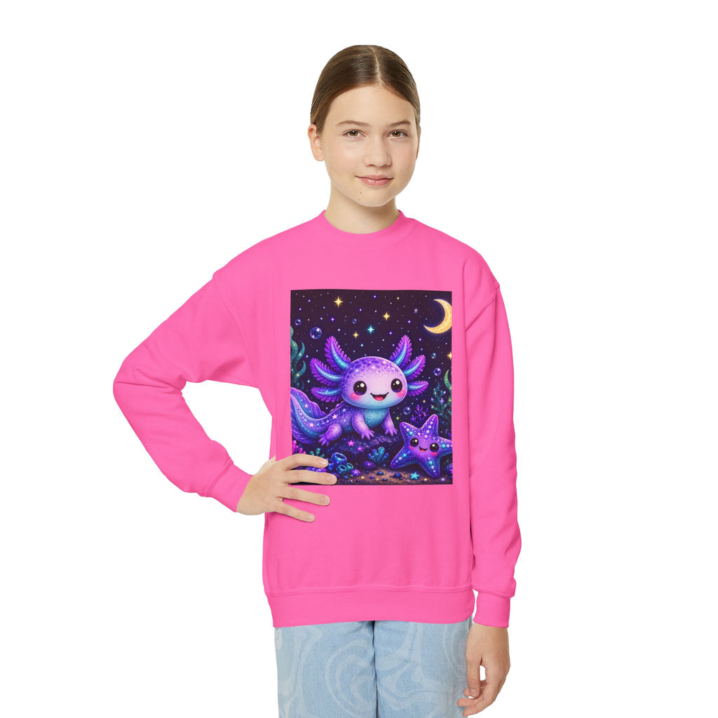 Axolotl Moonlight Youth Crewneck Sweatshirt | Cute Kawaii Night Sky Kids Pullover | NeuroVibe Shop™