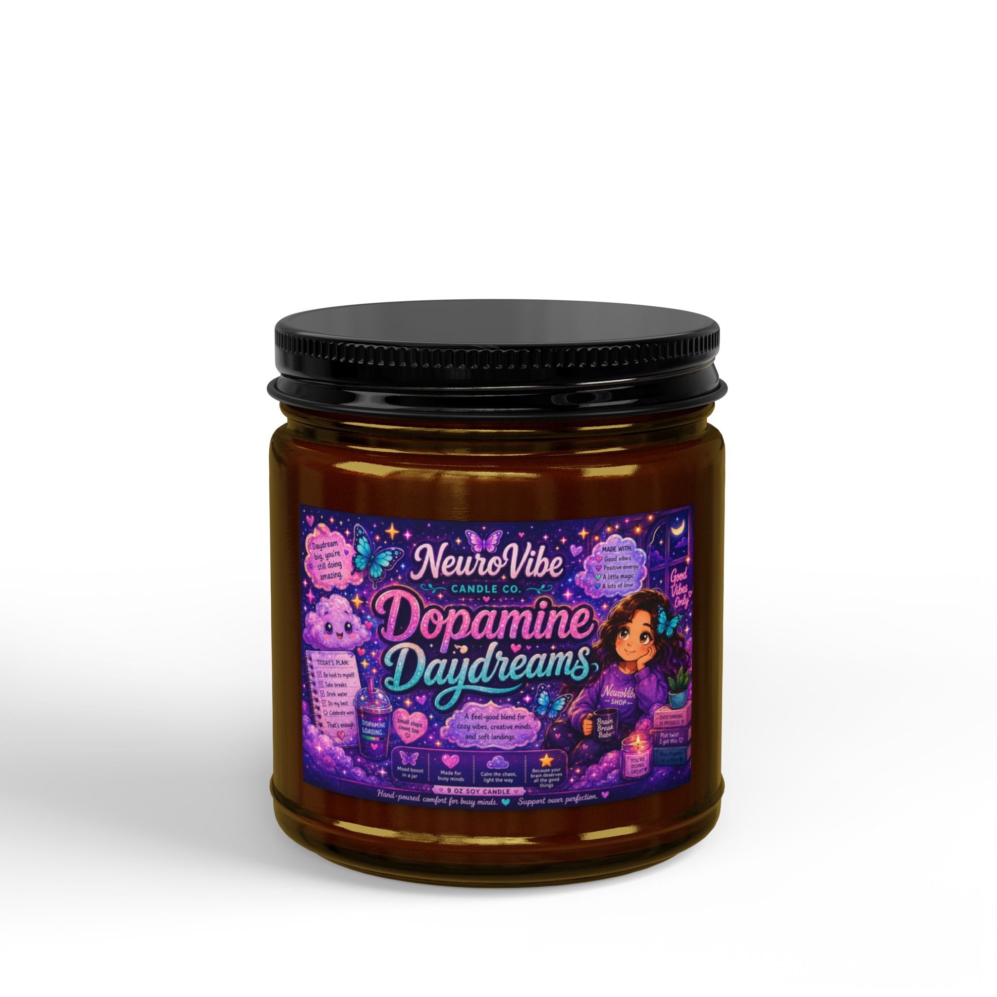 Dopamine Daydreams Scented Soy Candle — 4oz & 9oz Amber Jar with Black Lid