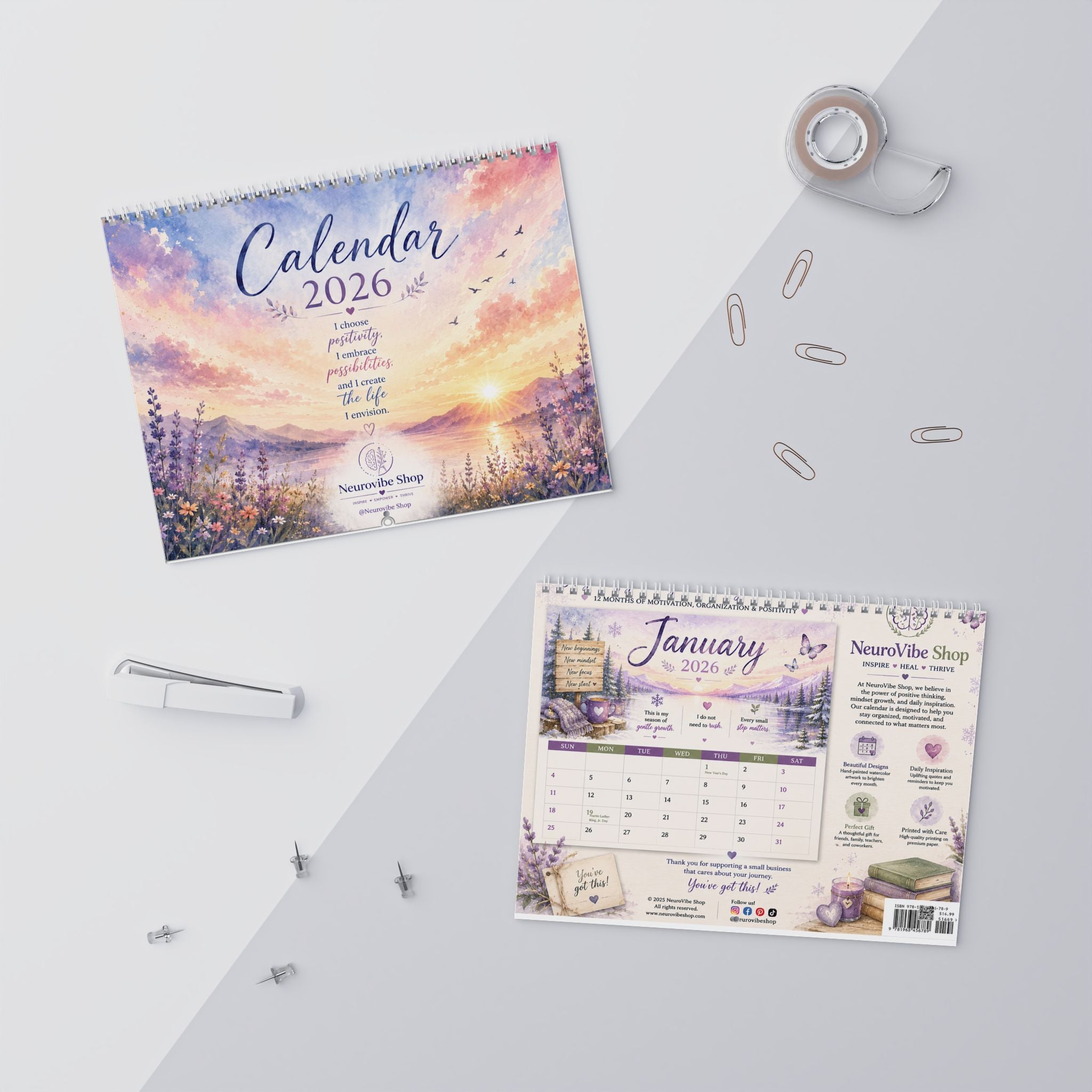 NeuroVibe 2026 Inspirational Wall Calendar | Watercolor Monthly Planner with Positive Affirmations, Mental Wellness Quotes, Purple Pastel Artwork & Organization Calendar
