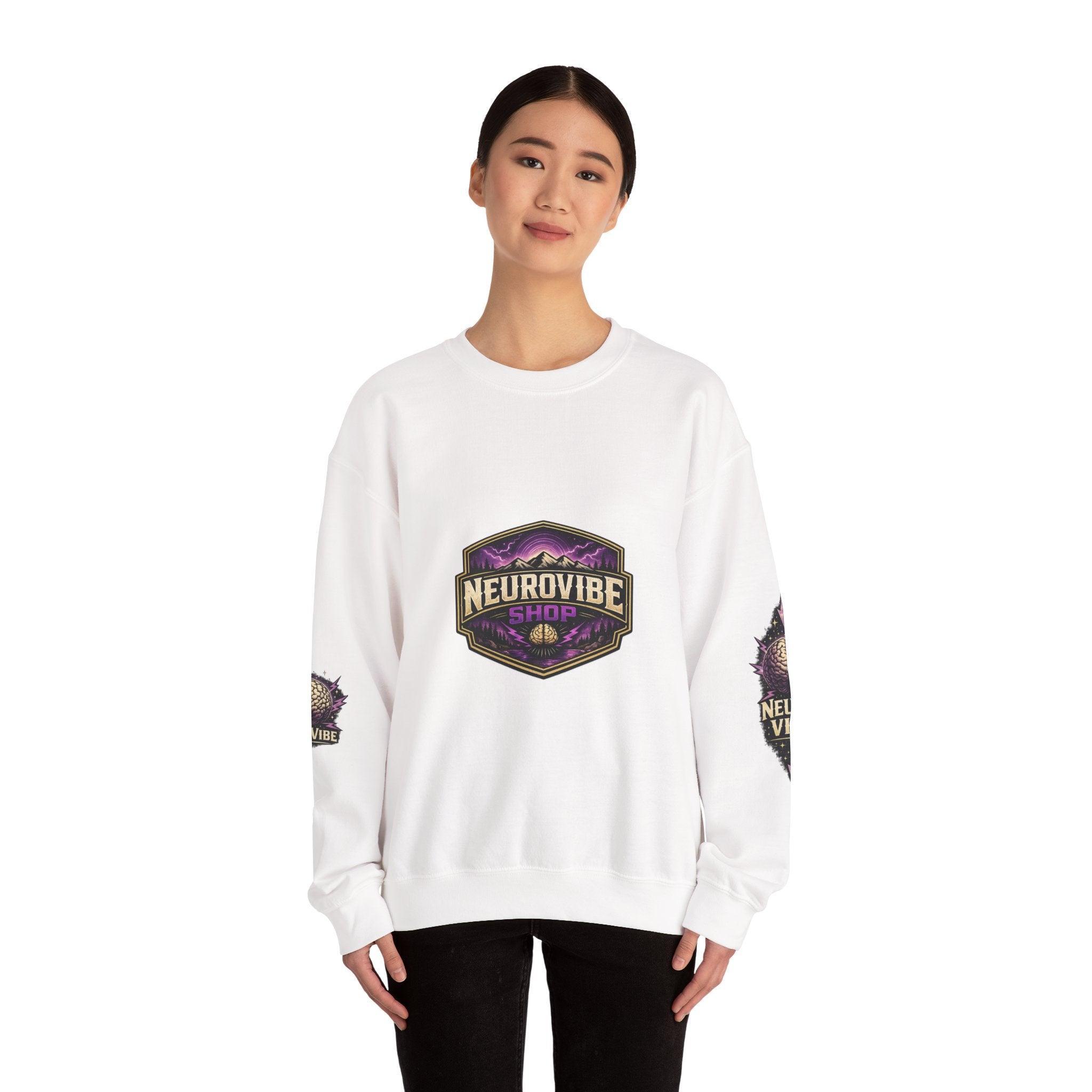 NeuroVibe Shop Ignite Your Mind Crewneck Sweatshirt | Purple Lightning Brain Graphic | Neurodiversity Awareness Pullover | Motivational Mental Health Apparel