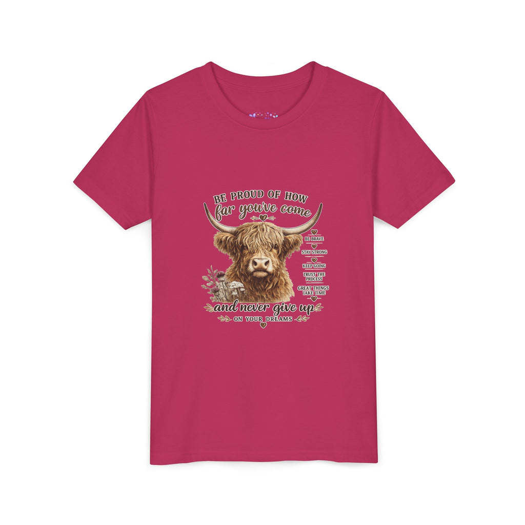 Highland Cow Kids T-Shirt | Be Proud of How Far You’ve Come Motivational Youth Tee | Inspirational Farm Animal Shirt for Boys & Girls