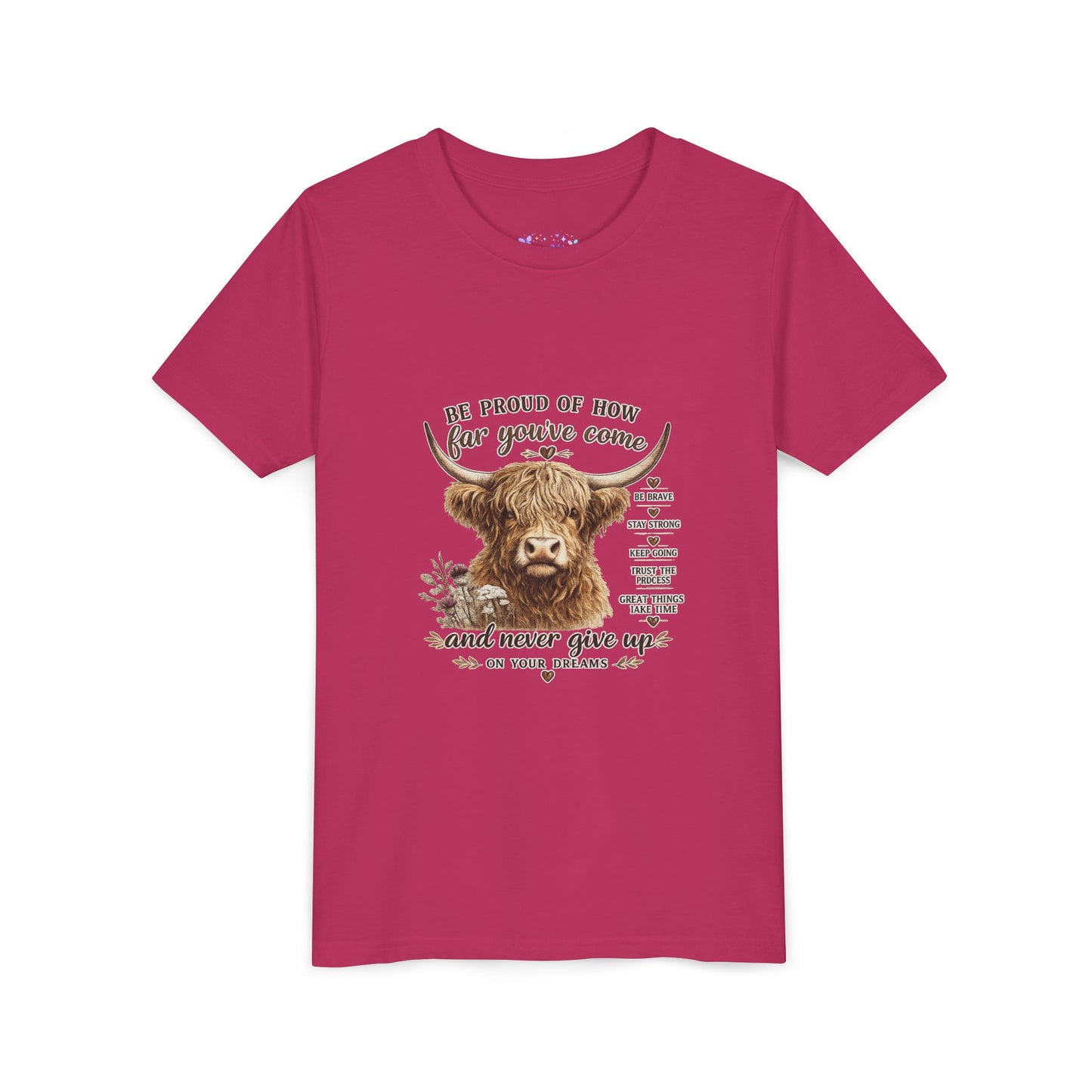 Highland Cow Kids T-Shirt | Be Proud of How Far You’ve Come Motivational Youth Tee | Inspirational Farm Animal Shirt for Boys & Girls