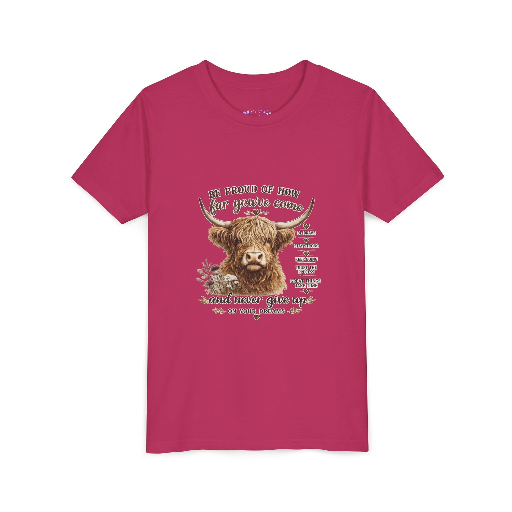 Highland Cow Kids T-Shirt | Be Proud of How Far You’ve Come Motivational Youth Tee | Inspirational Farm Animal Shirt for Boys & Girls