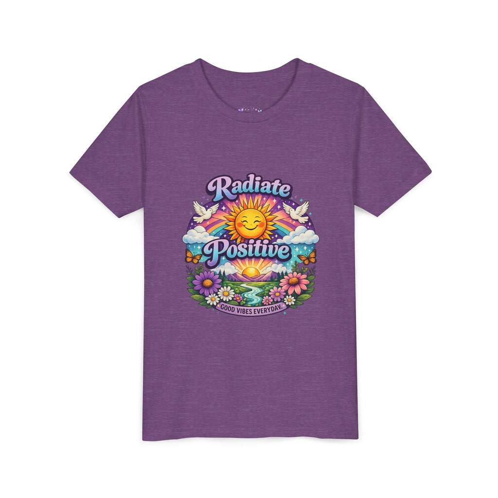 Youth Radiate Positive T-Shirt – Purple & Teal Retro Sunshine Inspirational Graphic Tee | Good Vibes Everyday Boho Floral Shirt | Motivational Mental Health Apparel