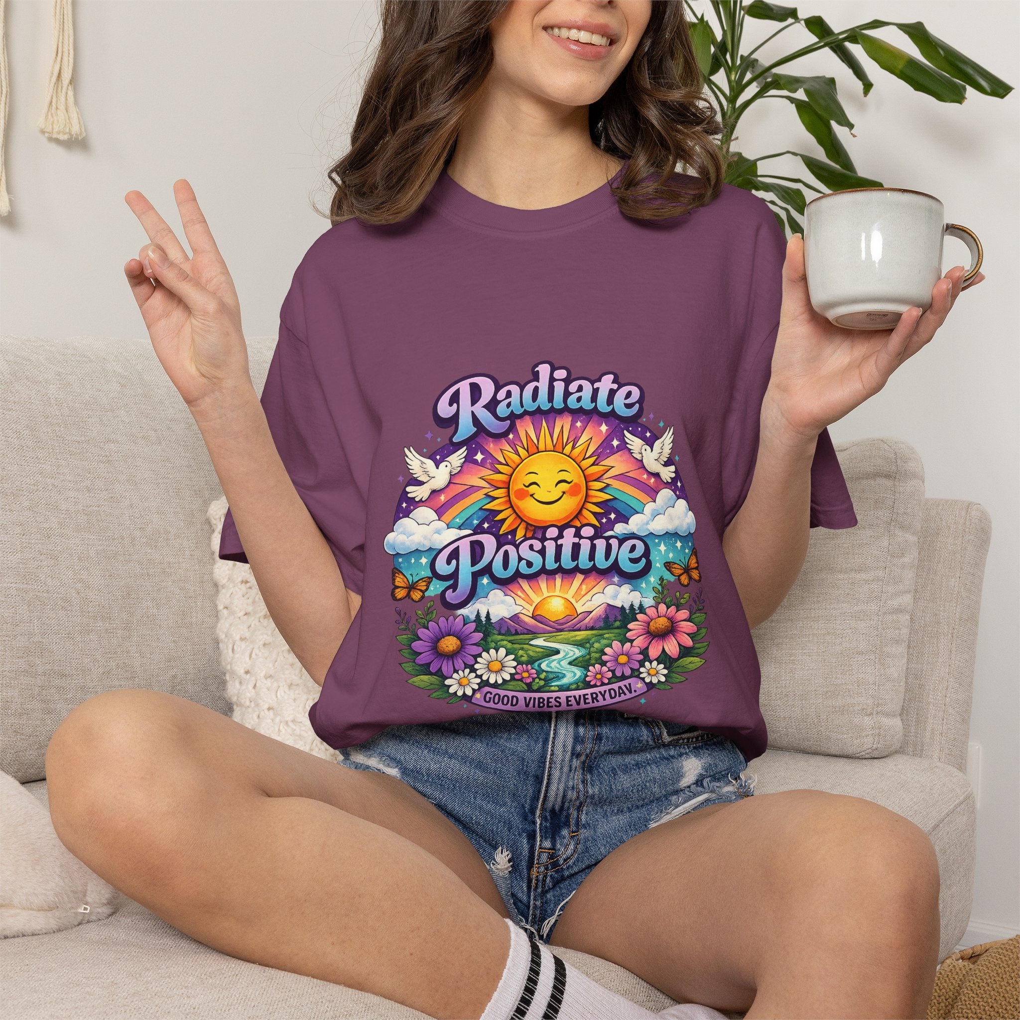 Radiate Positive Shirt – Groovy Purple & Teal Sunshine Floral Tee | Mental Health Awareness Gift