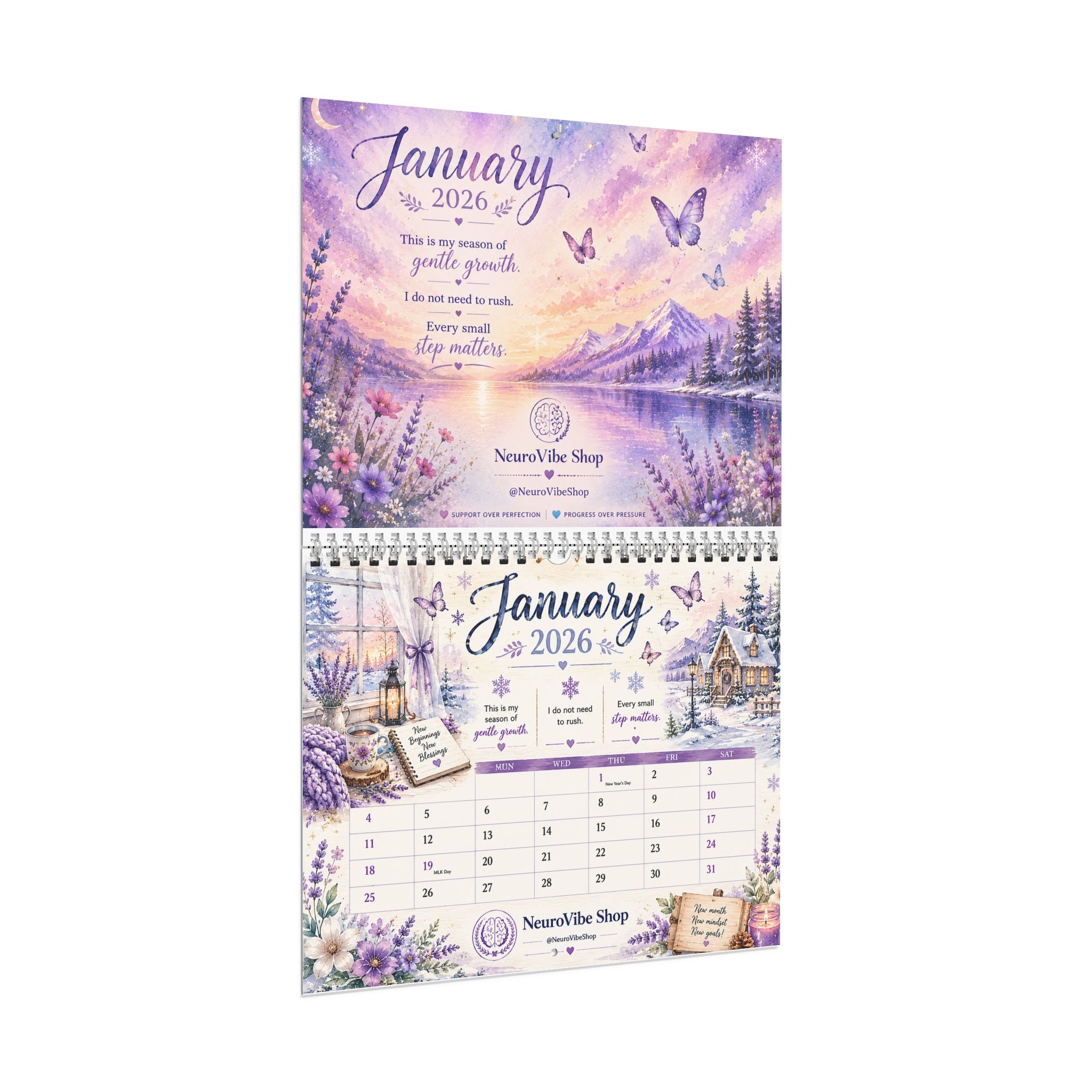 NeuroVibe 2026 Inspirational Wall Calendar | Watercolor Monthly Planner with Positive Affirmations, Mental Wellness Quotes, Purple Pastel Artwork & Organization Calendar