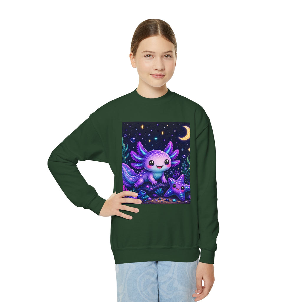 Axolotl Moonlight Youth Crewneck Sweatshirt | Cute Kawaii Night Sky Kids Pullover | NeuroVibe Shop™