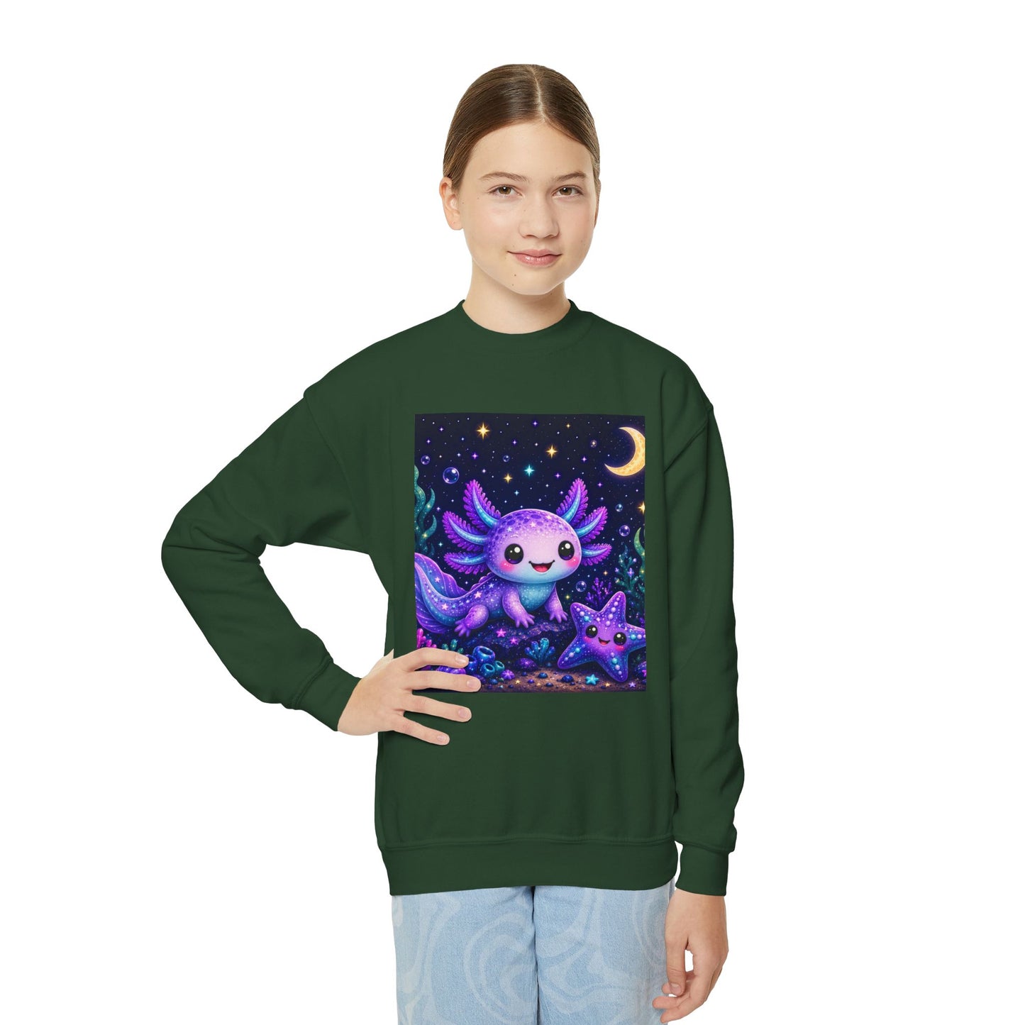 Axolotl Moonlight Youth Crewneck Sweatshirt | Cute Kawaii Night Sky Kids Pullover | NeuroVibe Shop™